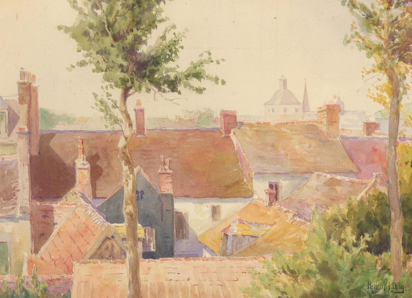 A watercolour study of rooftops with a city skyline in the distance, possibly of Illinois, where the American Herbert J. Day (1875-1950) lived. Signed. On board.
