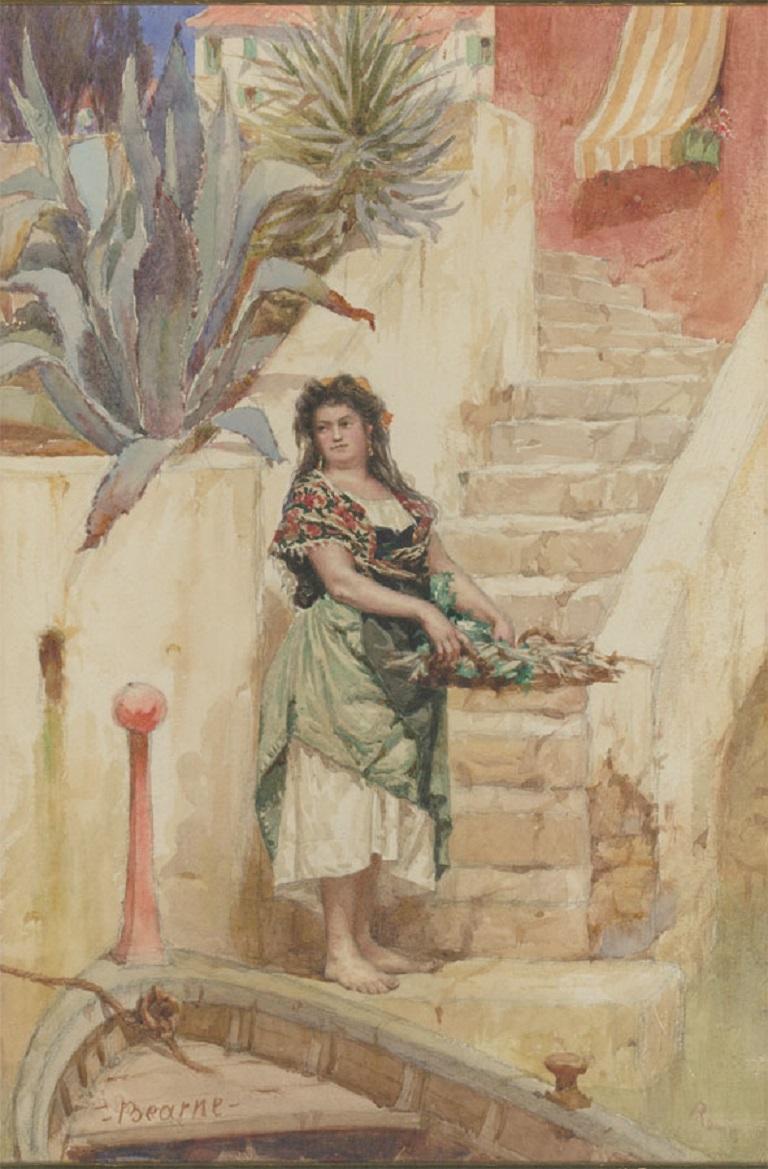 Edward Henry Bearne - Late 19th Century Watercolour, Italian Lady on Canal Steps - Art by Unknown