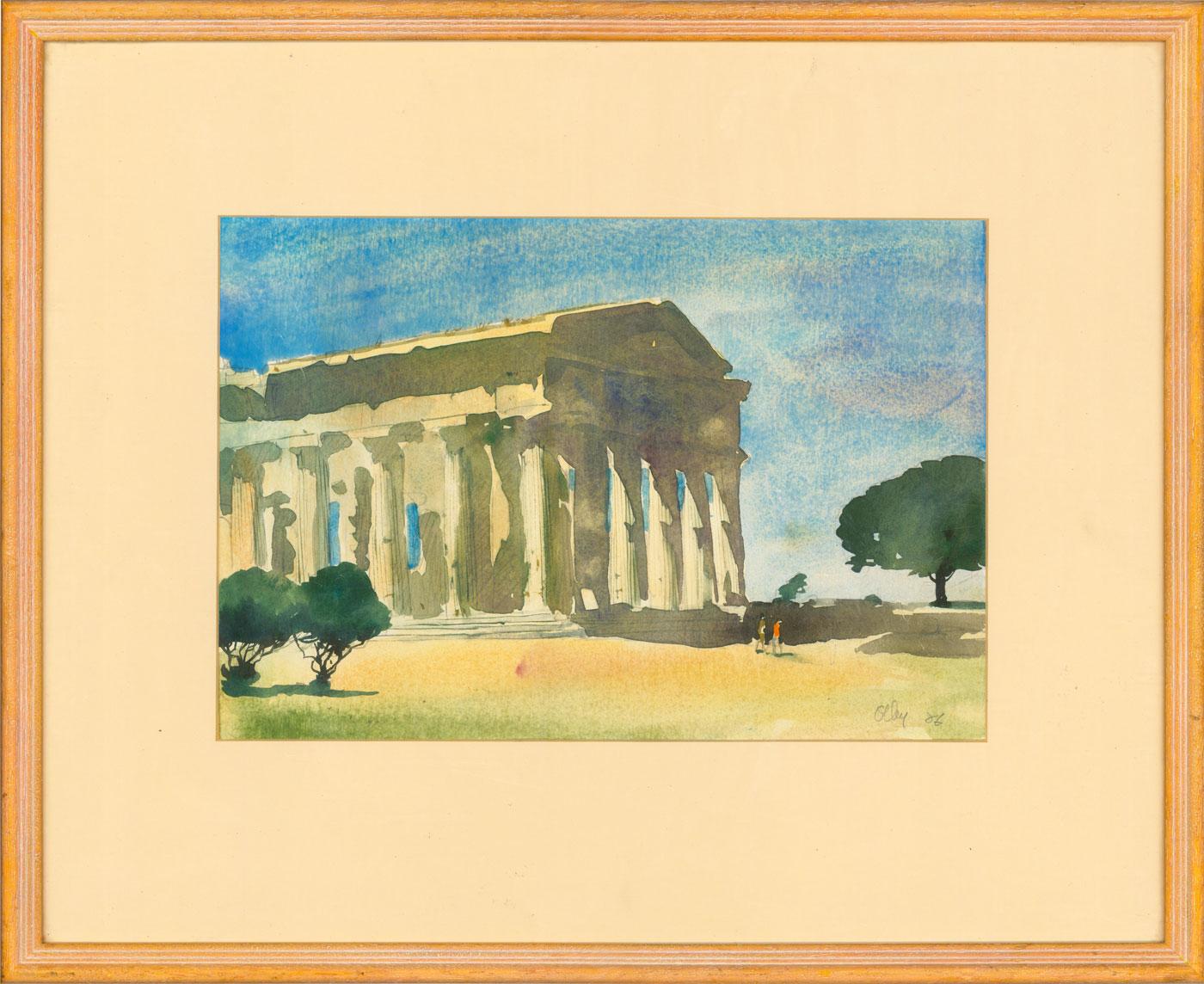 A very fine and dynamic watercolour with graphite details, by the listed British artist Ronald Olley (b.1926), depicting the East and South faÃ§ade of the Second Temple of Hera at Paestum, Southern Italy, with two figures in the landscape. Paestum