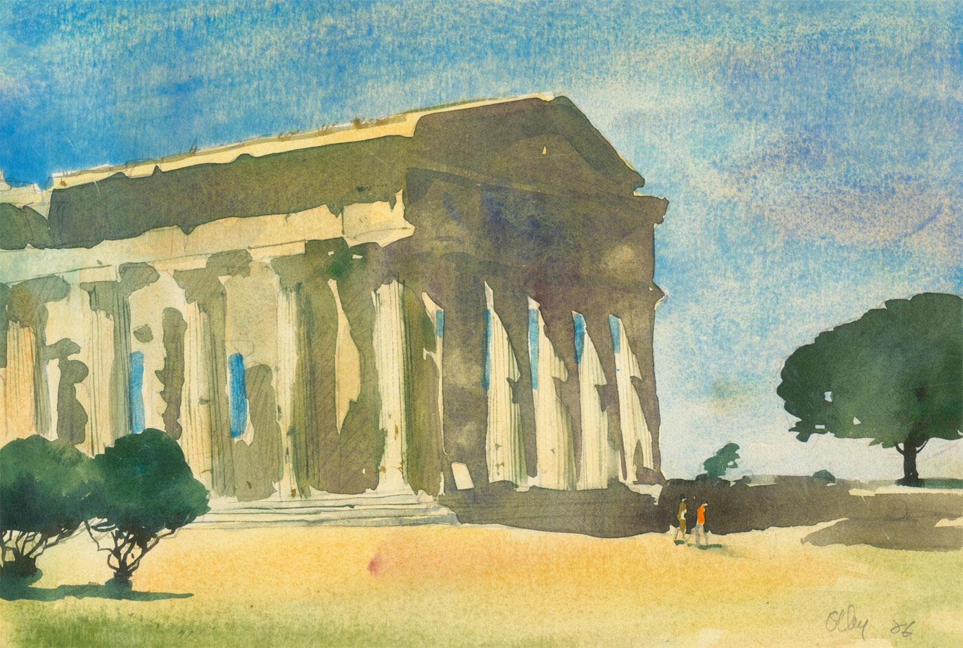 Ronald Olley (b.1923) - 1986 Watercolour, Temple of Hera, Paestum, South Italy 1
