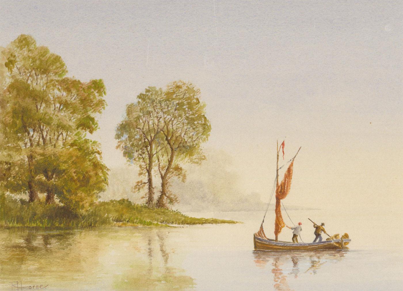 A delightful pair of watercolours depicting Dutch River scenes, both measuring (43 x 50cm). Both artworks have been well presented in washline mounts and dark wood frames. Signed. On wove.
