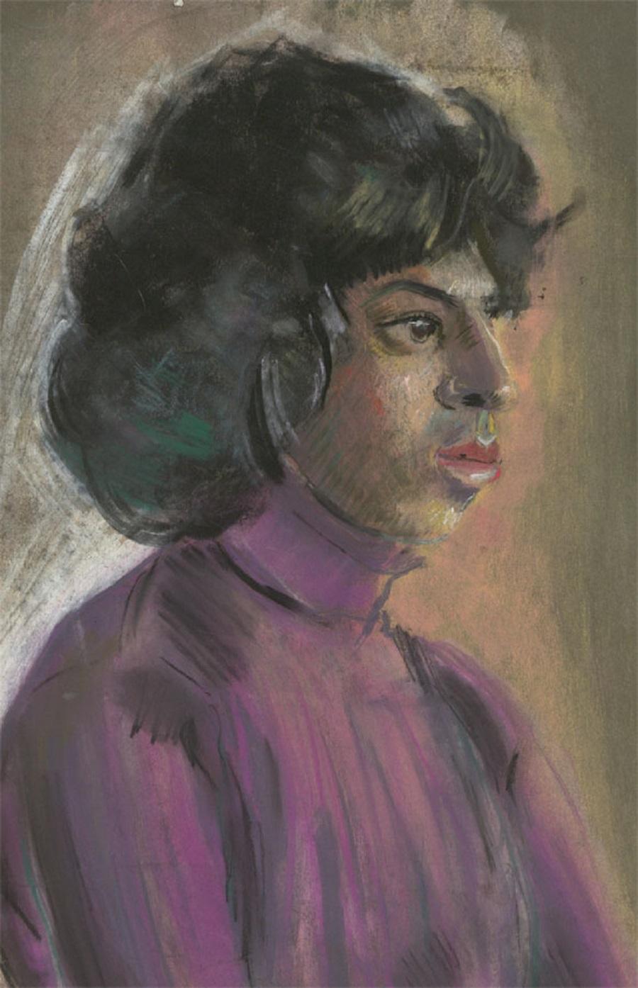 Edith Birkin (1927-2018) - 20th Century Chalk Drawing, Lady in a Purple Blouse For Sale 1