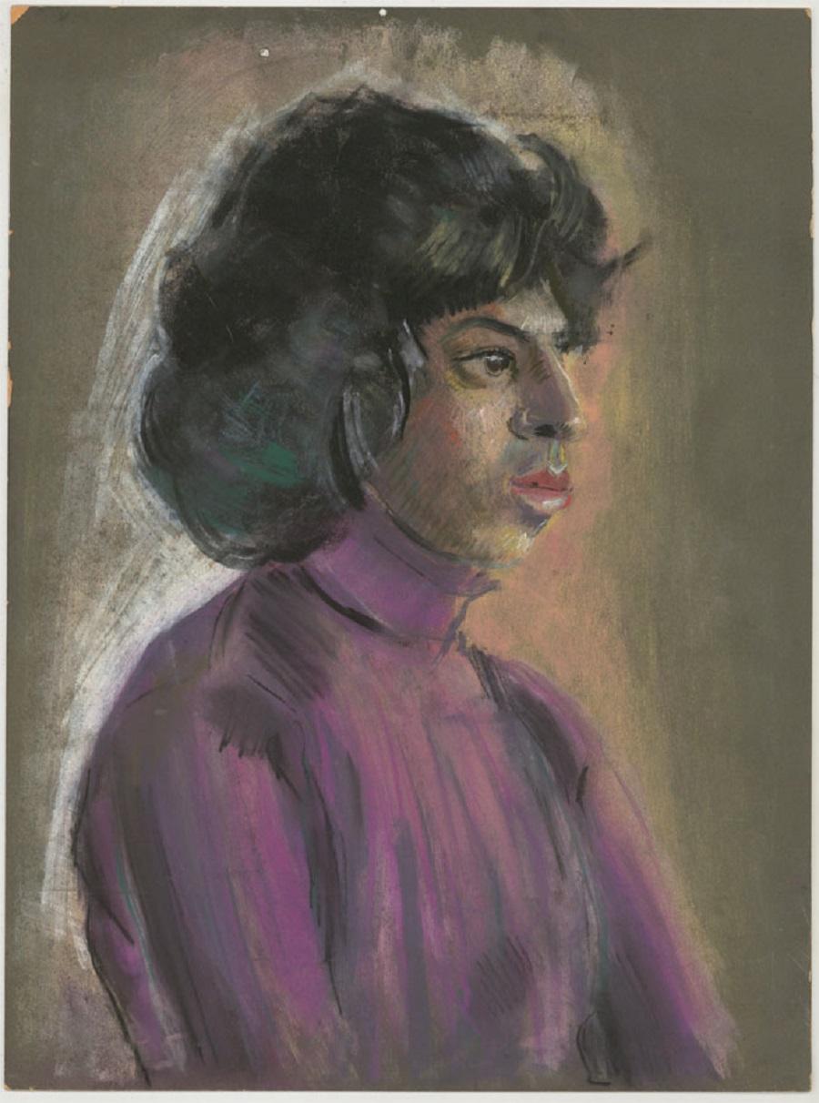 Edith Birkin (1927-2018) - 20th Century Chalk Drawing, Lady in a Purple Blouse For Sale 2