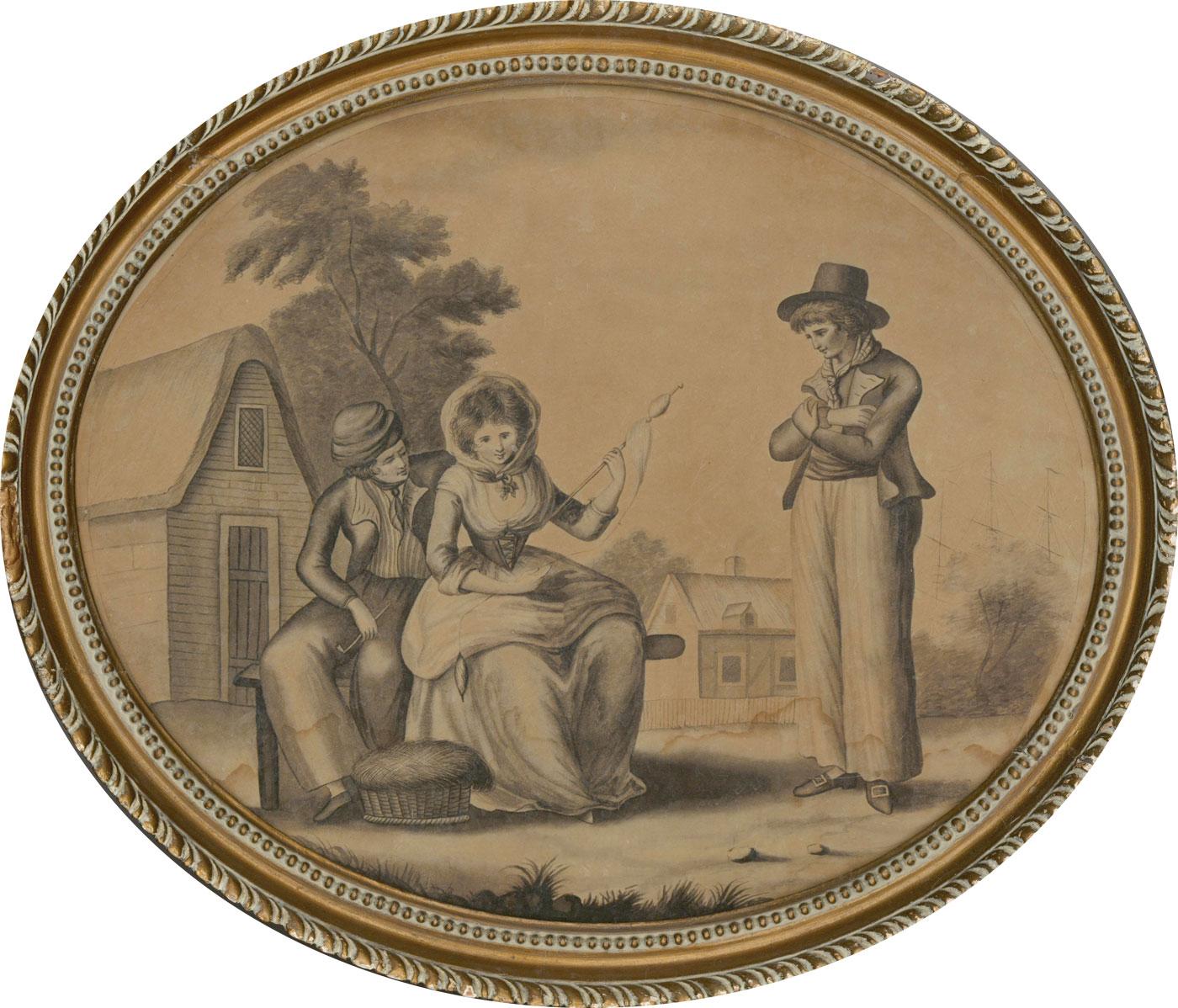 An English school grisaille watercolour painting depicting 3 figures with cottages in the background, and the masts of a ship peeking out above the trees to the right side. The painting is presented in an oval decorative gilt effect frame. 