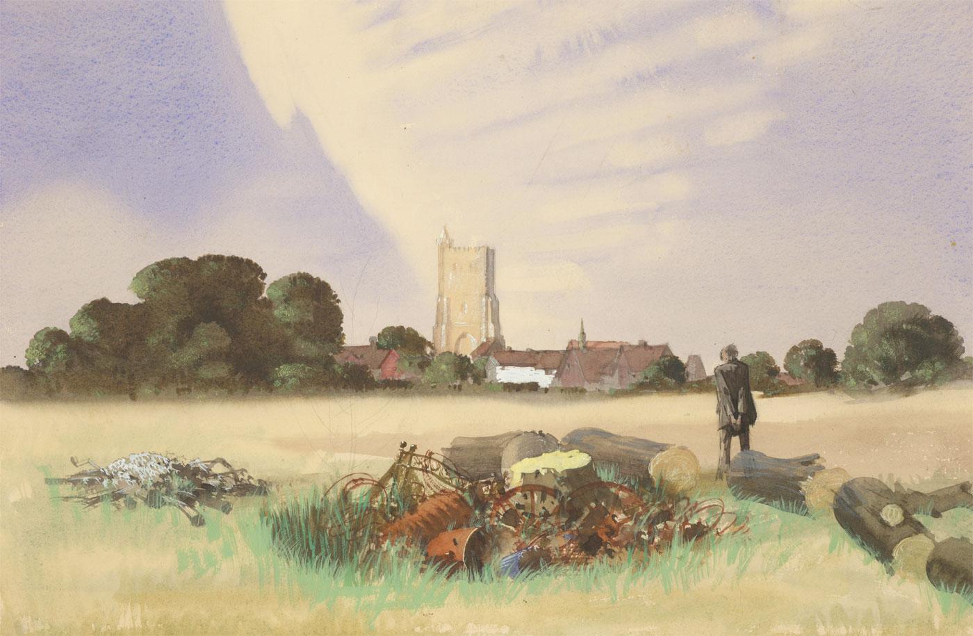 Laurence H.F. Irving (1897-1988) - Gouache, Blick nach vorne in die Kirche (Beige), Landscape Art, von Unknown