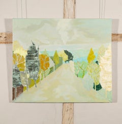 Avenue - landscape painting with trees, contemporary art, grey and blue