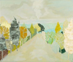 Avenue - landscape painting with trees, contemporary art, grey and blue