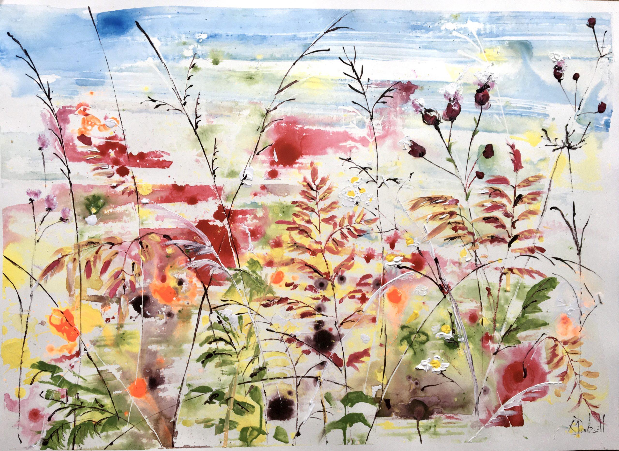 A vibrant painting of wild flowers….

Rachael’s works on paper are particularly organic.  Diluted paint is allowed to migrate on a damp surface, sticks are used to daub and scratch,  heavier splatters are dropped, lines are augmented until a balance