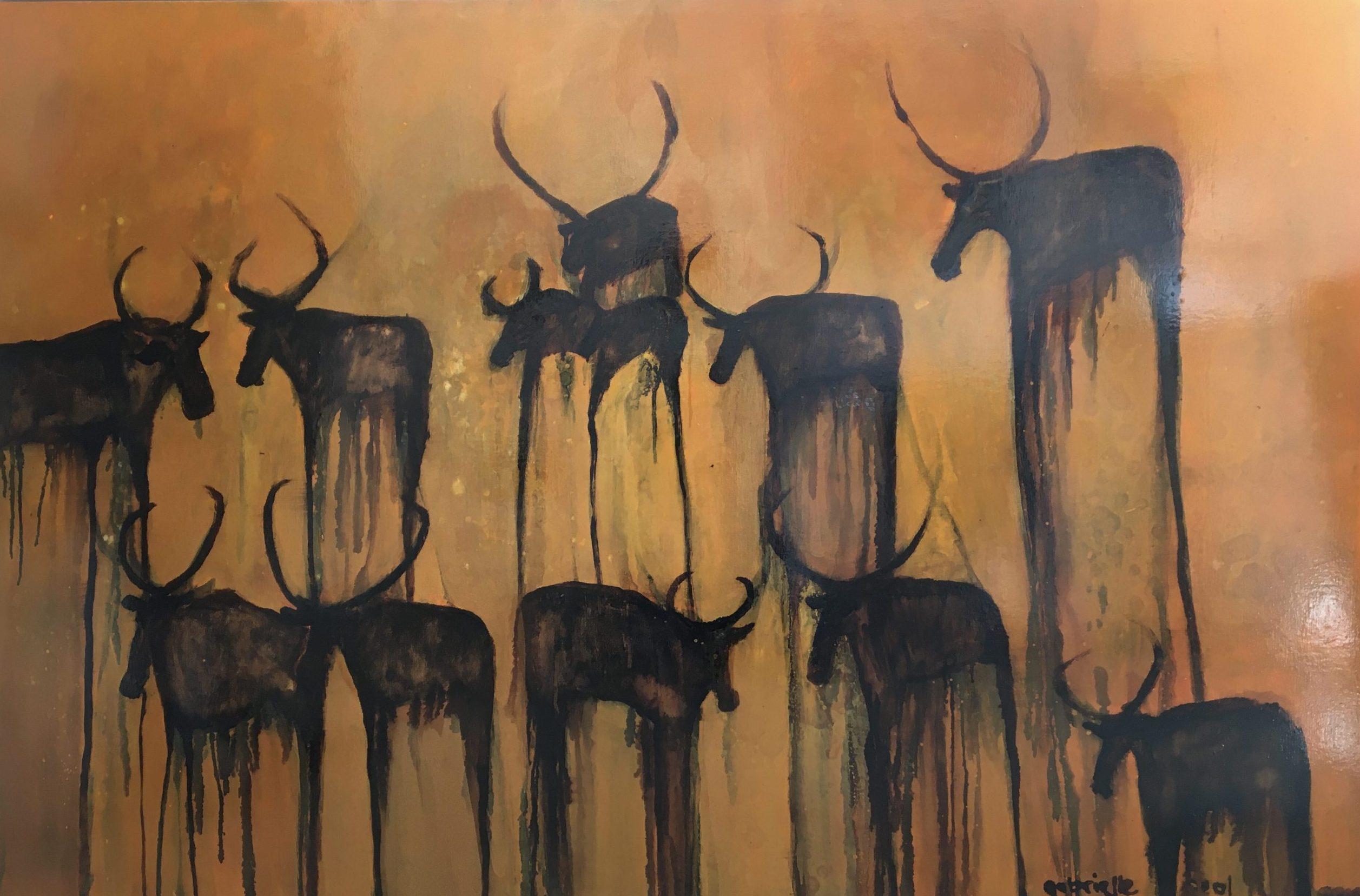 La migration Wildebeest - Gabielle Pool - peinture à l'huile à grande échelle - cadre en bois - Painting de Gabrielle Pool