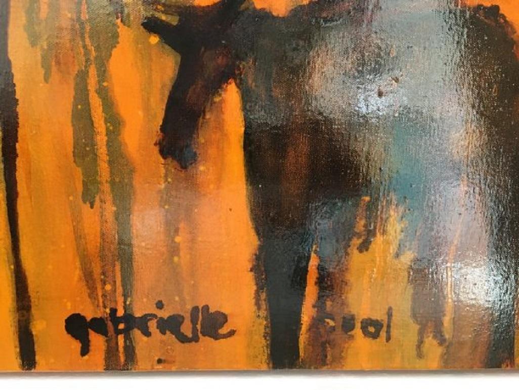 Gabrielles Ölgemälde sind groß und ausdrucksstark.   Sie bestehen aus vielen Schichten satter, erdiger Farbe und Leinöl, die in verschiedenen Maltechniken aufgetragen wurden.   Diese beeindruckenden Werke sind ein einzigartiges Abbild der