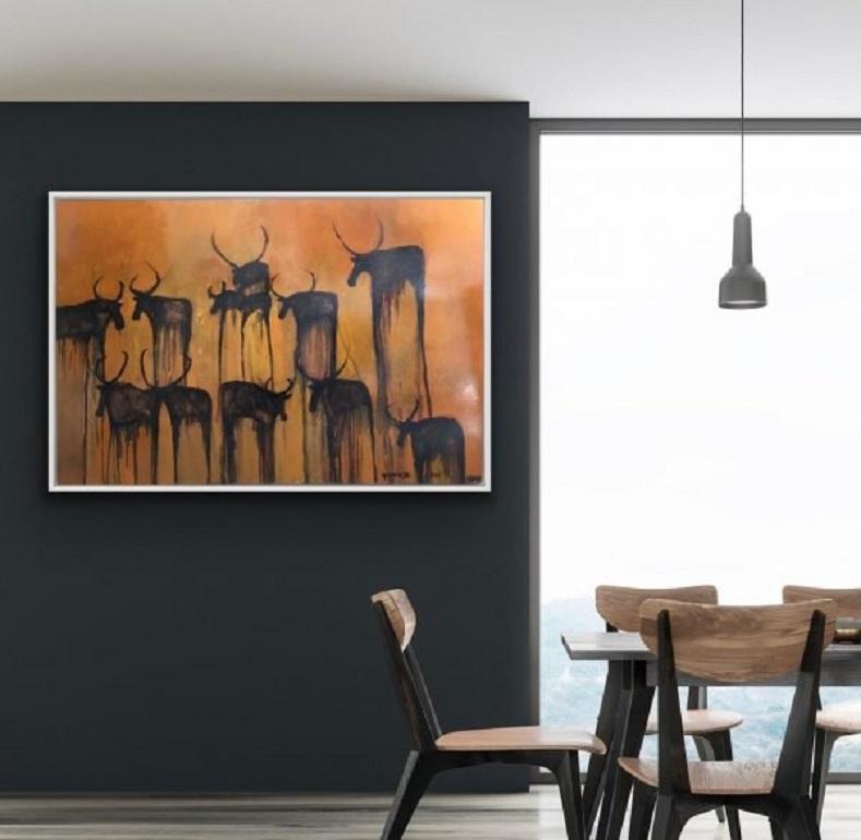 La migration Wildebeest - Gabielle Pool - peinture à l'huile à grande échelle - cadre en bois en vente 1