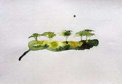 Acacia verte - Gabrielle Pool - Dessin fantaisiste sur papier à l'encre - Cadre en bois