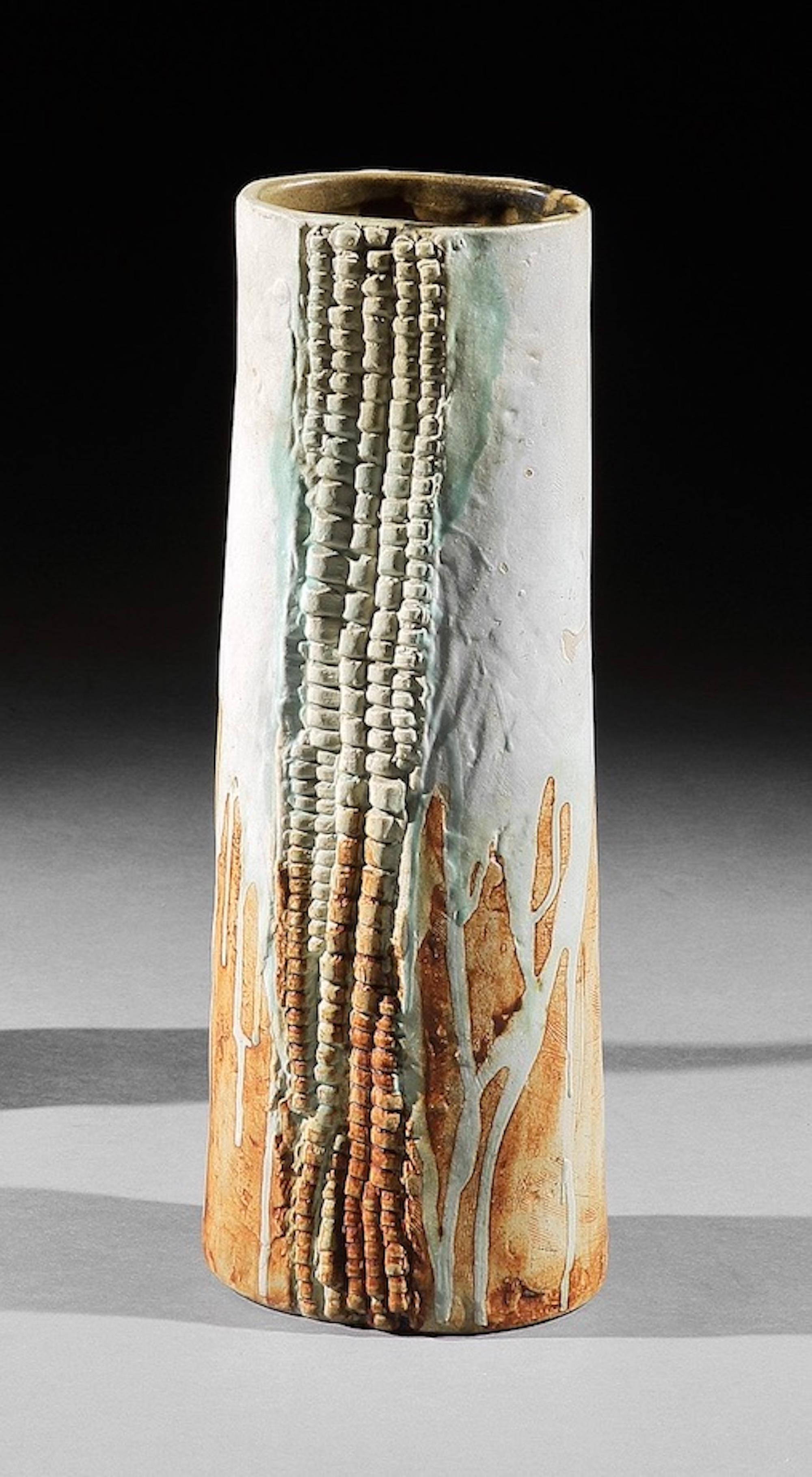 Bernard Rooke Vaso in ceramica Waterscape smaltato bianco marrone blu, 1960-1965 in vendita 1