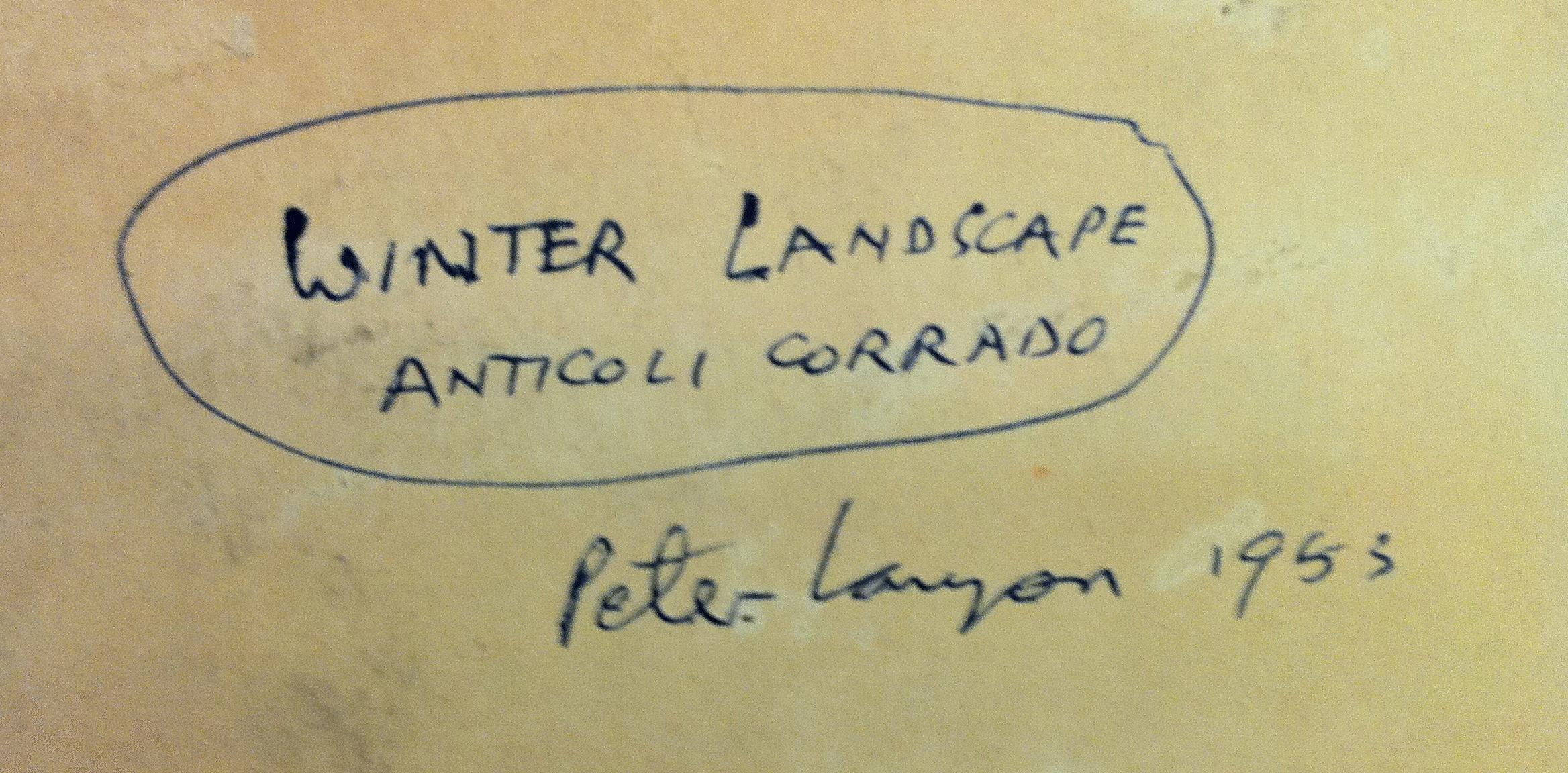 Peter Lanyon (British, 1918-1964) Winter Landscape, Anticoli Corrado 
Signed 'Lanyon' and dated 'Jan 53' (lower left), Further signed, Inscribed and dated again 'WINTER LANDSCAPE/ANTICOLI CORRADO/Peter Lanyon 1953' by the artist on a label attached