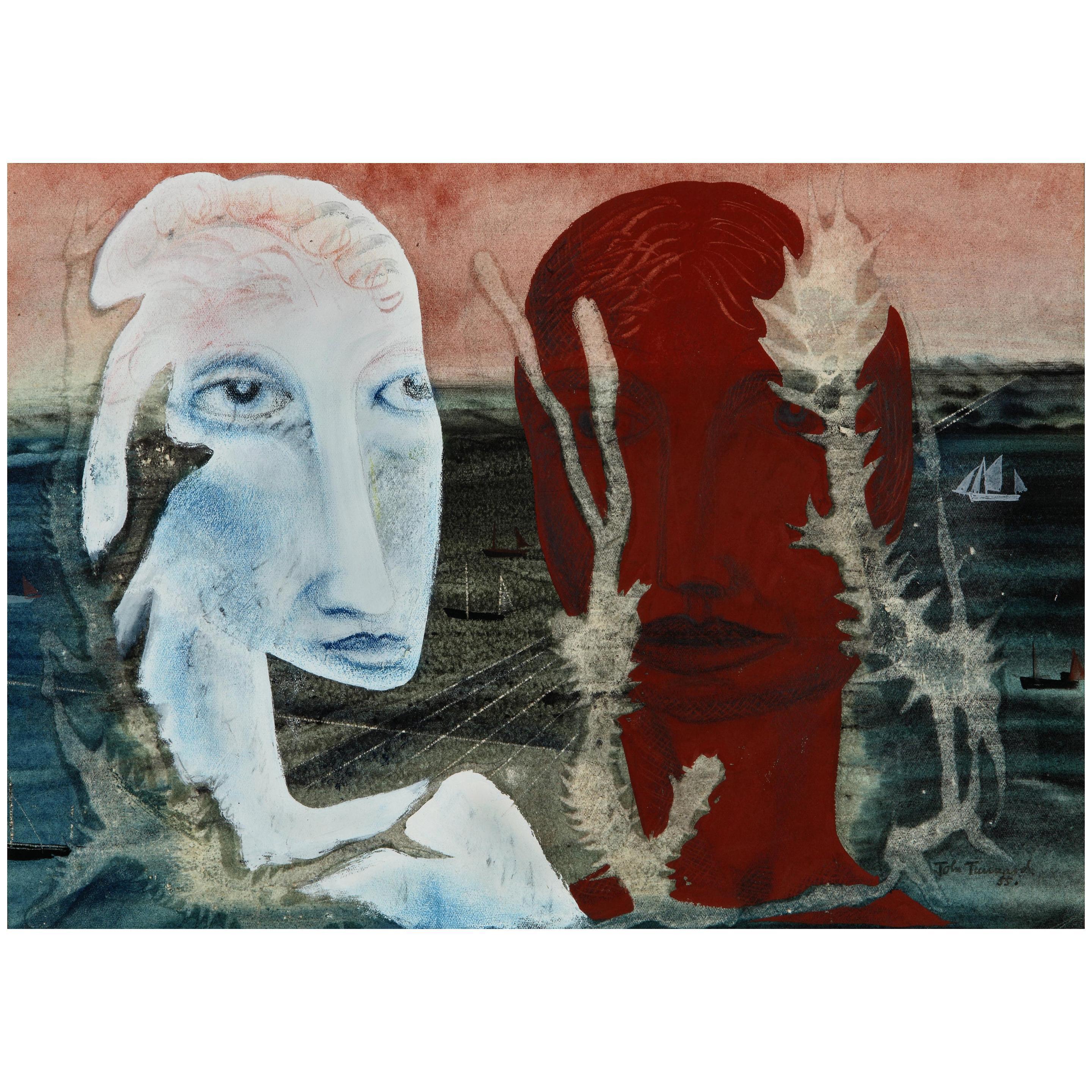 John Tunnard Portrait - John Tunnnard, Two Heads, Watercolor and Gouache, 1950s, Picture, Surrealism