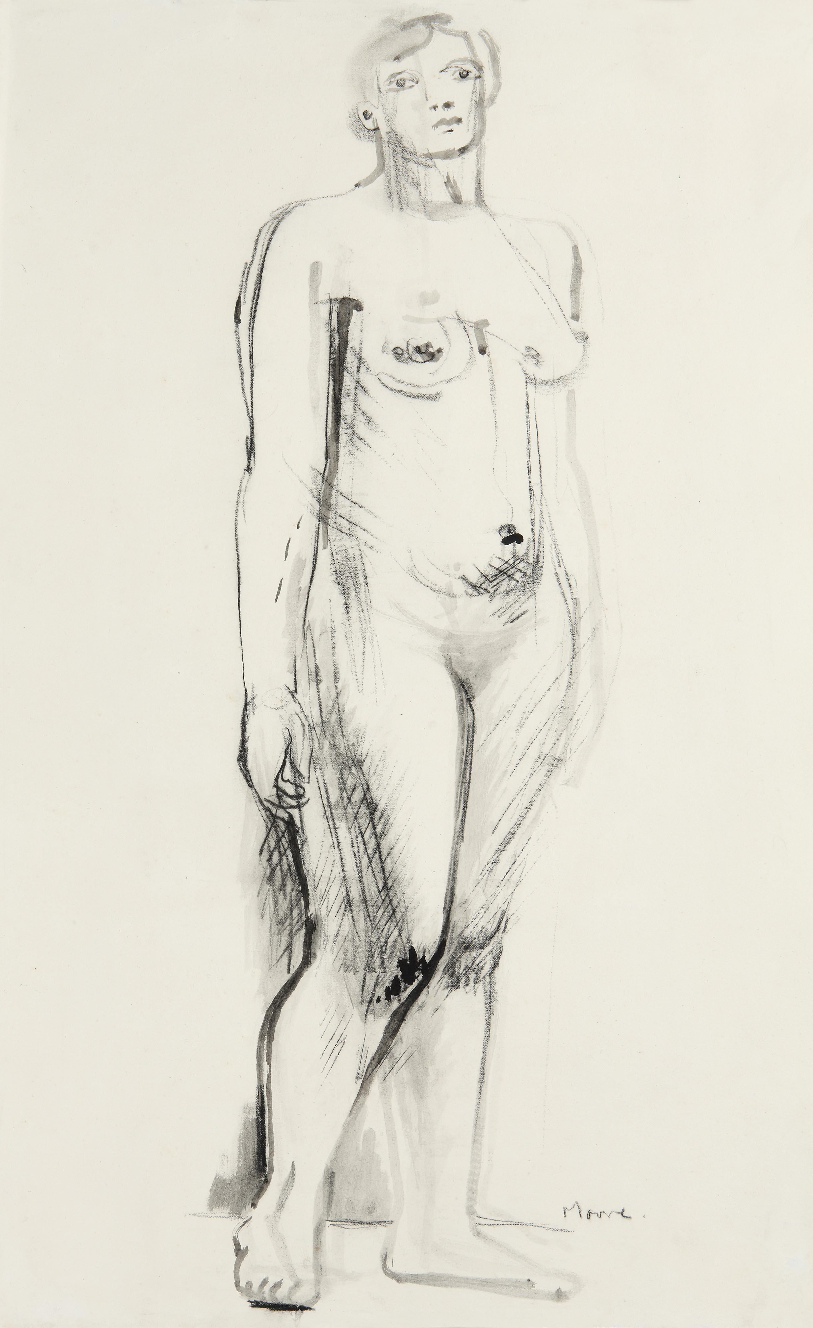Henry Moore, Standing Nude, Pen, Ink, Charcoal on Paper, Figurative, 1930 Signed 14