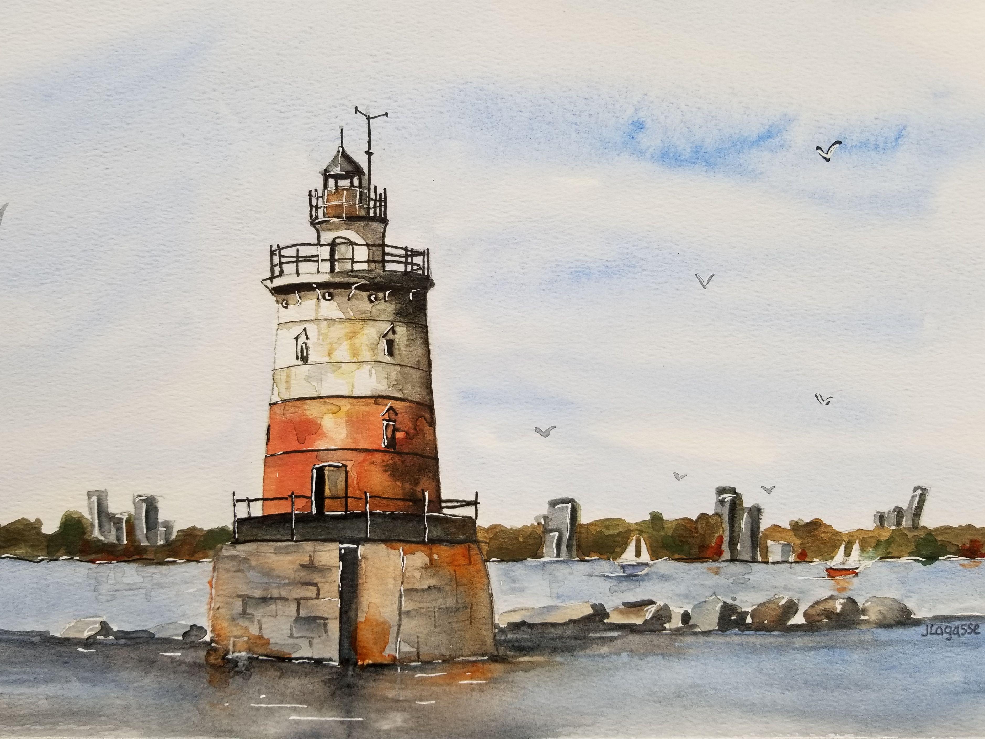 Leuchtturm, Gemälde, Aquarell auf Aquarellpapier – Art von Jim Lagasse