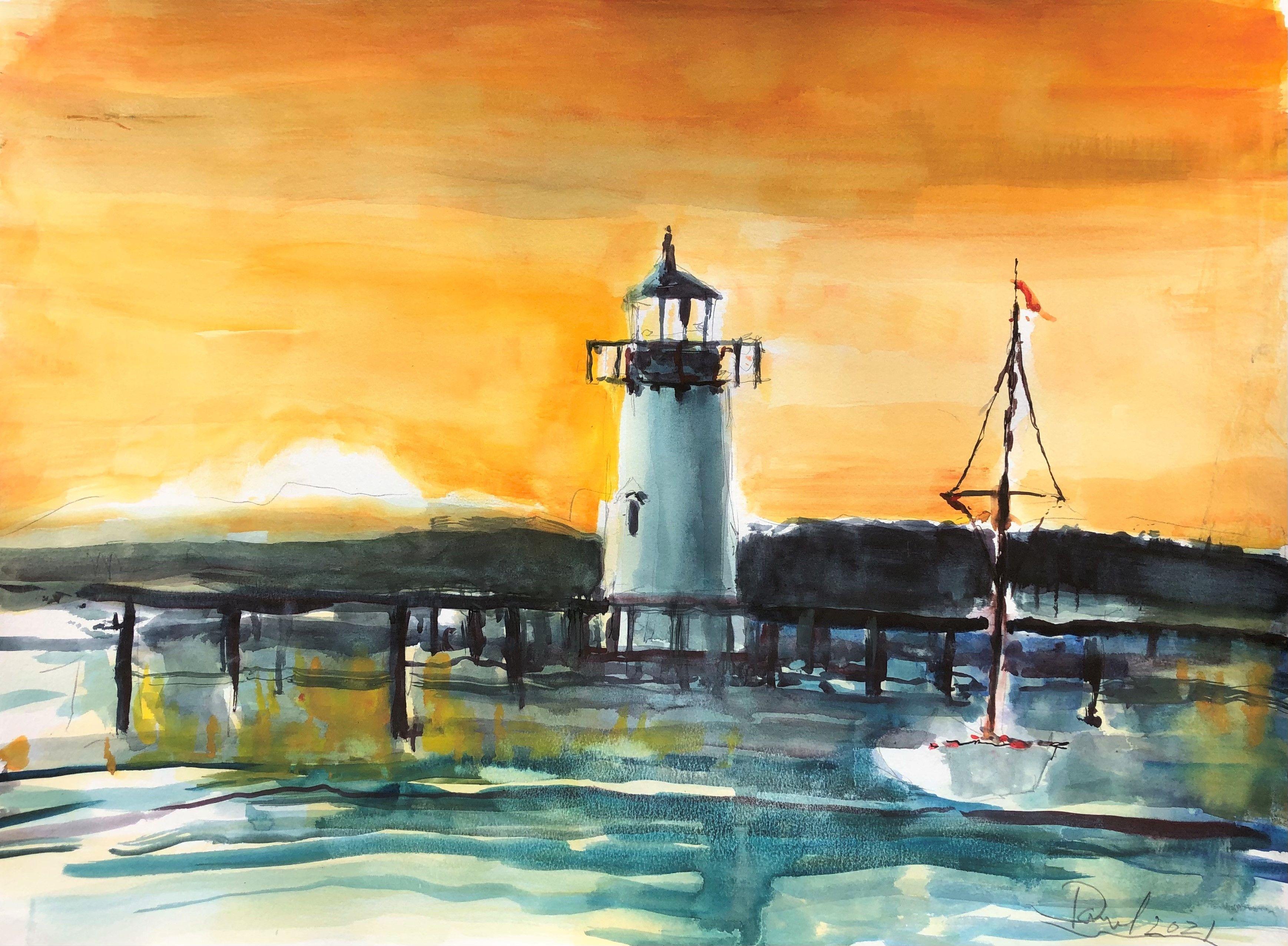 Edgartown Sunset, Painting, Watercolor on Watercolor Paper - Art by Daniel Clarke