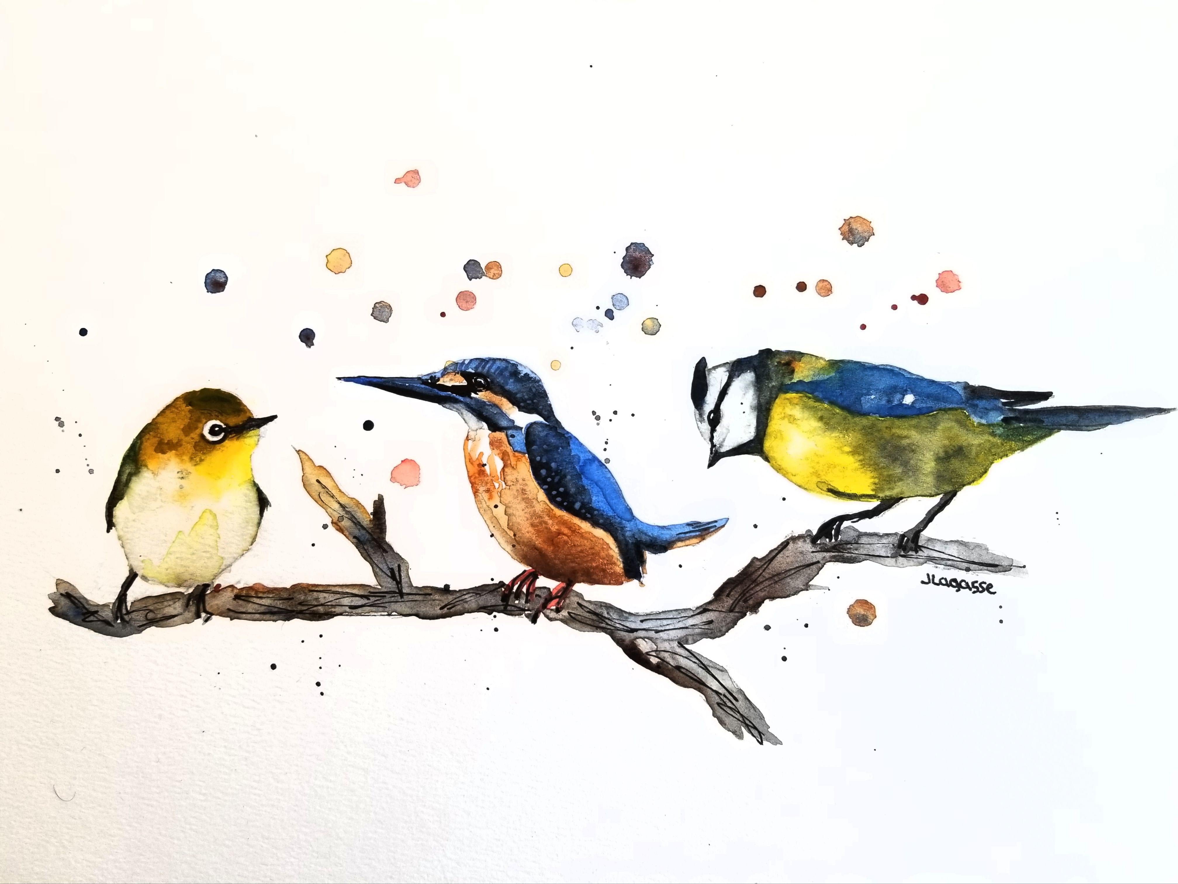 Three Birds, Painting, Watercolor on Watercolor Paper - Art by Jim Lagasse