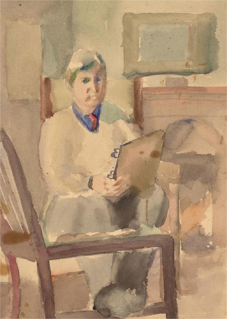 A charming watercolour painting with graphite details by Dorothy Hepworth. The scene depicts a self-portrait of the artist, holding a rectangular object in a living room setting. Unsigned. On wove.
