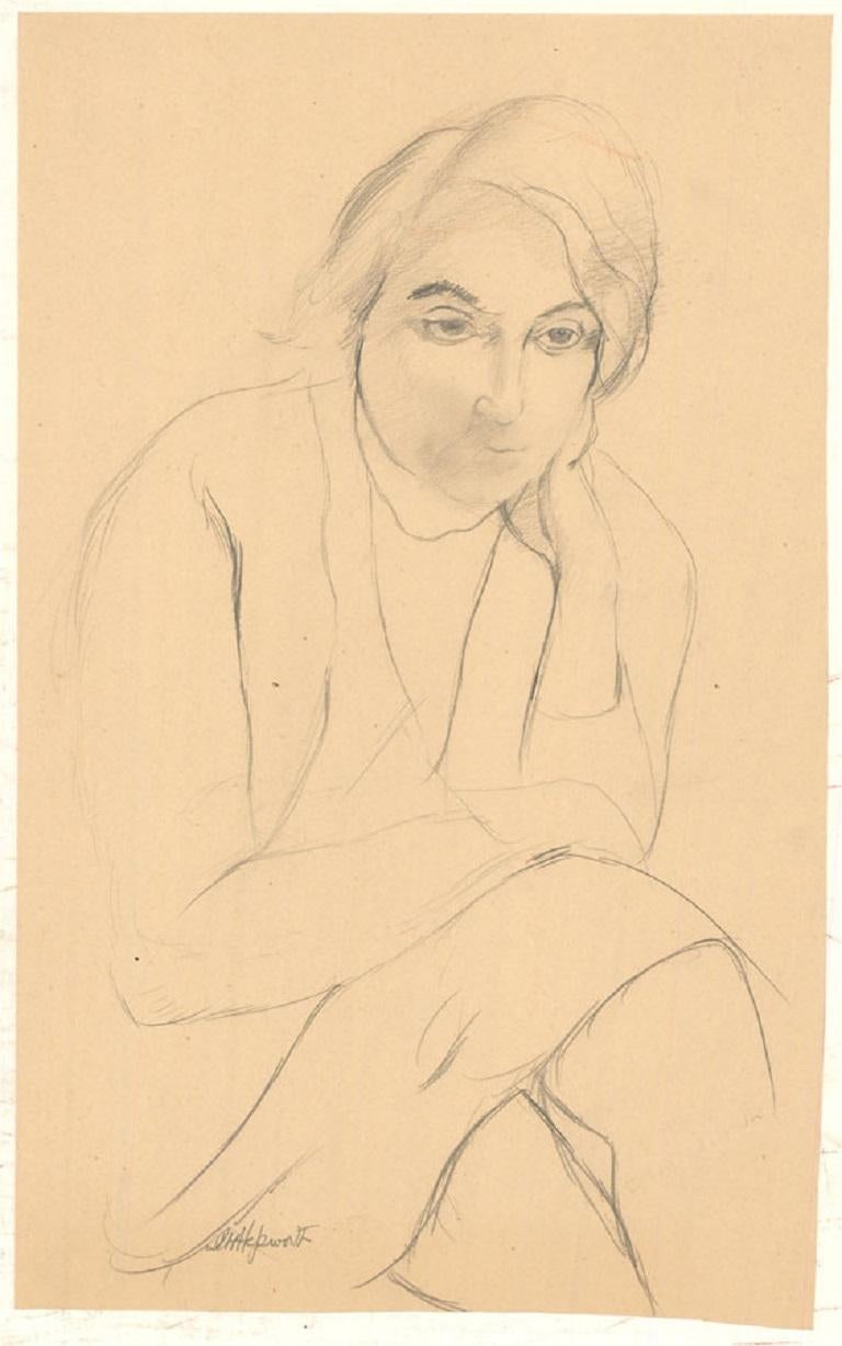 An expressive graphite study by the artist Dorothy Hepworth. The artist depicts a portrait of Patricia Preece, seated and resting her head on her hand, with a calm, pensive expression. Signed to the lower margin. On wove.
