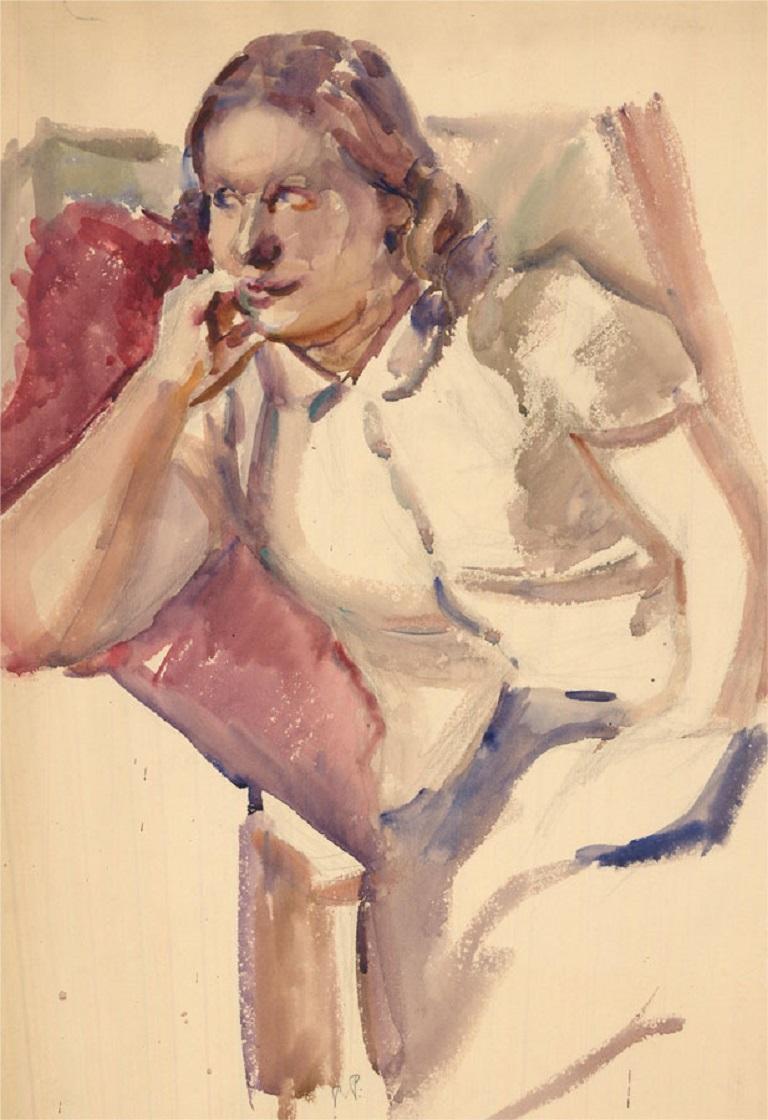 A fine and captivating watercolour painting with graphite details by the artist Dorothy Hepworth. The scene depicts a portrait of Sonya Redway, sitting comfortably in an armchair. Monogrammed 'P.P.' to the lower margin. On wove.
