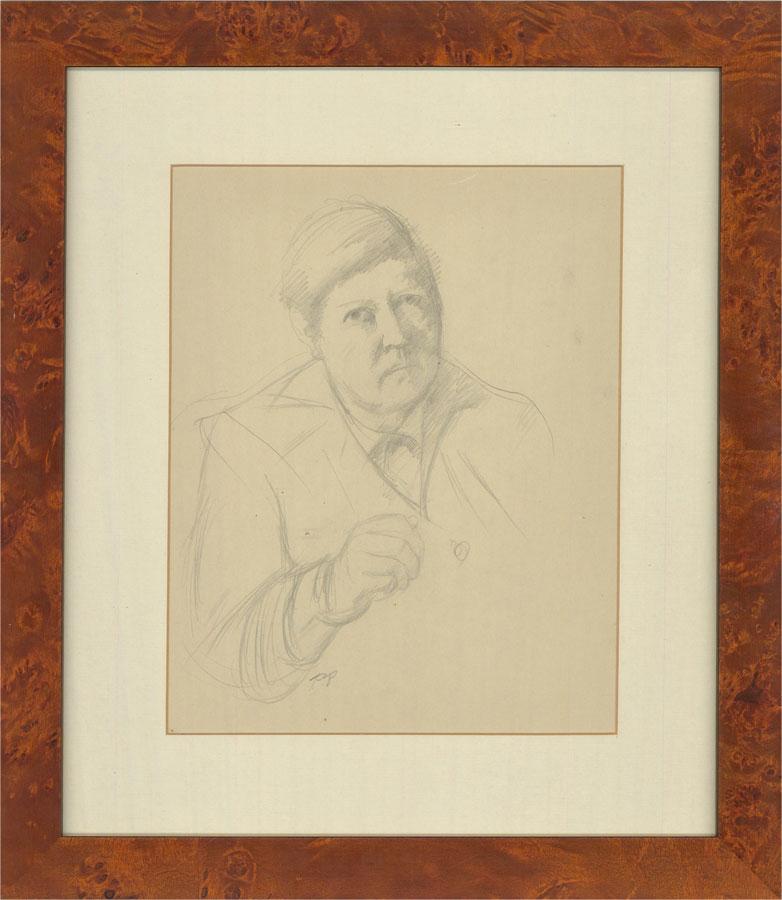 An expressive graphite drawing by Dorothy Hepworth, depicting the artist's self-portrait. The sitter gazes directly at the viewer, and the thoughtfulness behind the drawing is apparent in this finely executed self-portrait. Monogrammed 'P.P.'