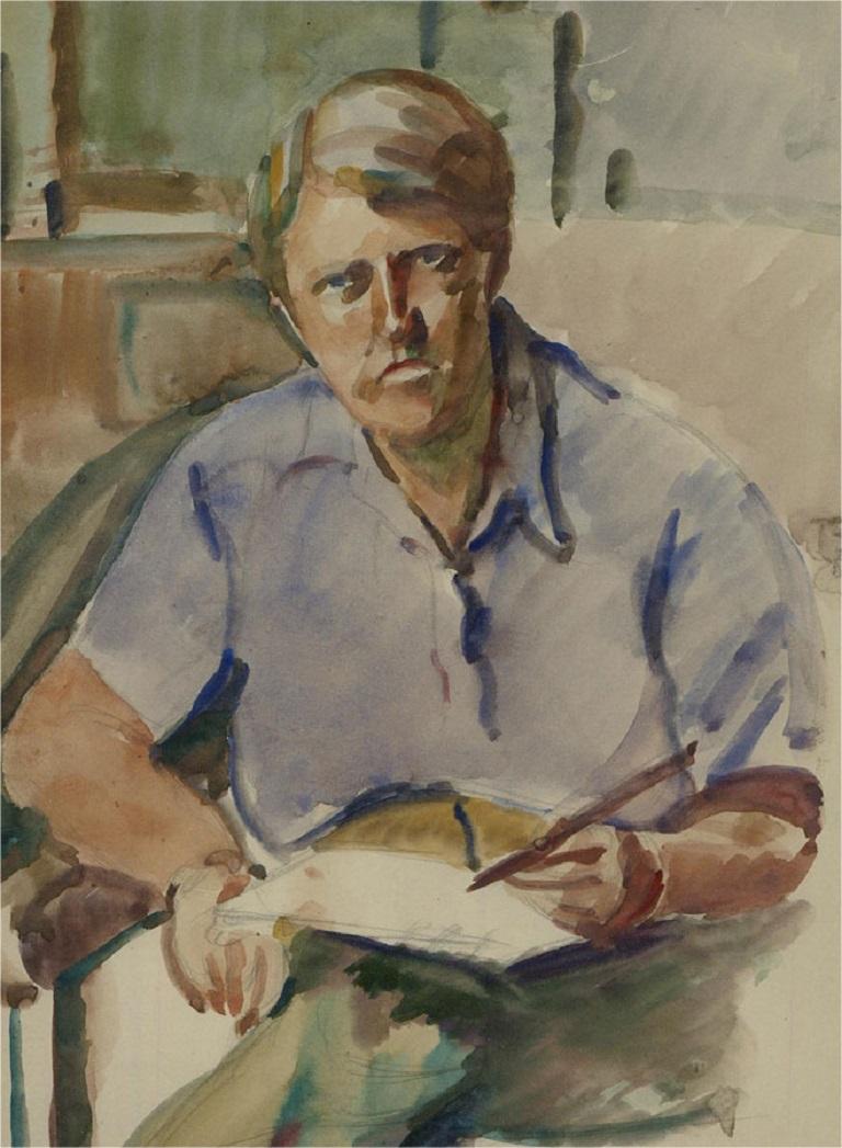 Dorothy Hepworth (1894-1978) - Watercolour, Self-Portrait in Blue Shirt 1