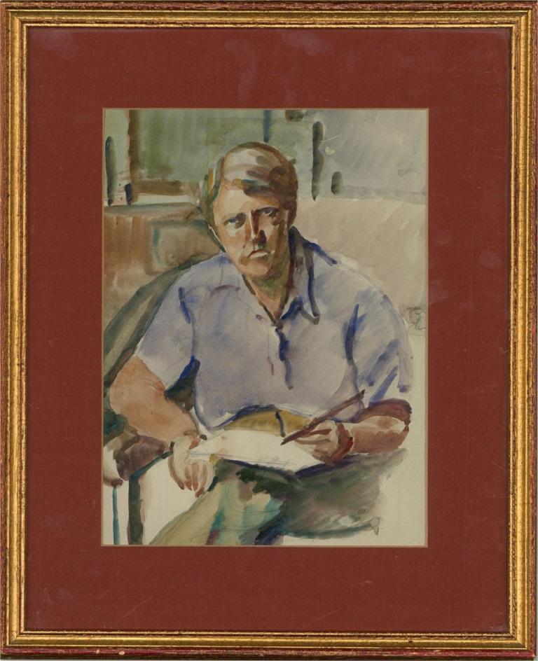 Dorothy Hepworth (1894-1978) - Watercolour, Self-Portrait in Blue Shirt 2