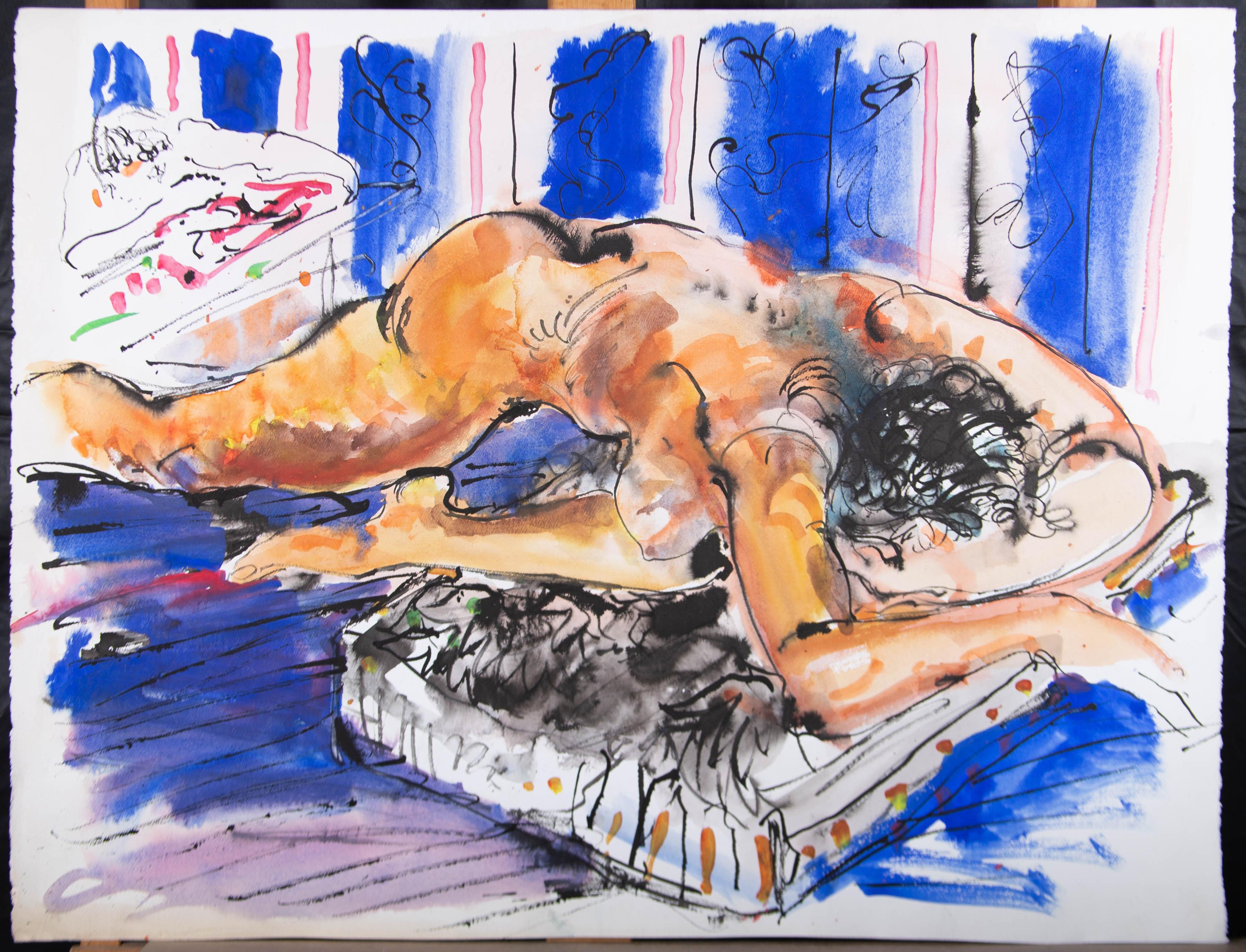 An expressive and vibrant watercolour painting with pen and ink by the American artist Hendrick Grise. The scene depicts an interior setting with a sleeping nude figure. Even though this work is unsigned, it belongs to a collection by the artist. On