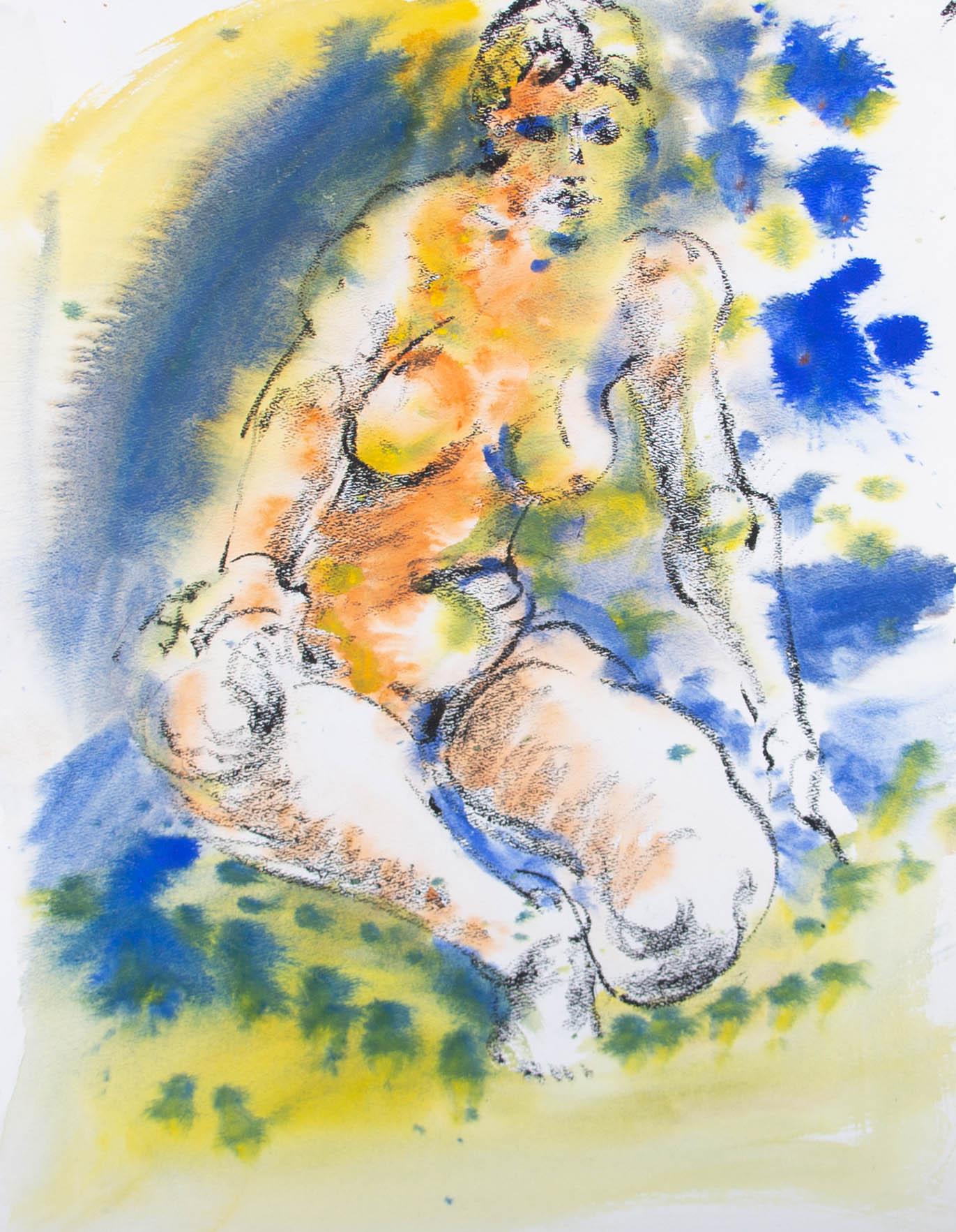 A vibrant watercolour painting with charcoal by the American artist Hendrik Grise, depicting a seated nude figure. Even though this work is unsigned, it belongs to a collection by the artist. On watercolour paper.
