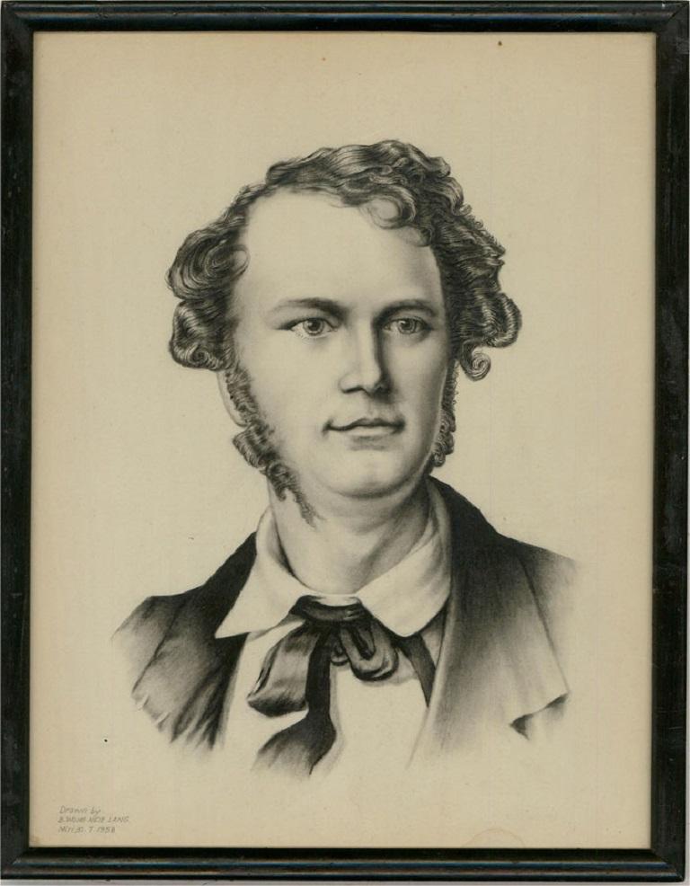 A crisp, charcoal portrait of a handsome gentleman, possibly a Victorian Romantic poet or some other type of creative figure. The artist has signed and dated to the lower left corner and the portrait has been presented in a contemporary black frame