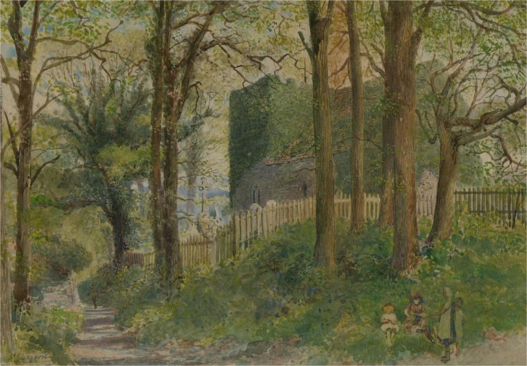 A idyllic rural watercolour showing a verdant pathway at the back of an old church. The path is lined with trees and lush undergrowth which casts dappled pools of light on the ground. A group of children rest on the grassy bank under the trees. The