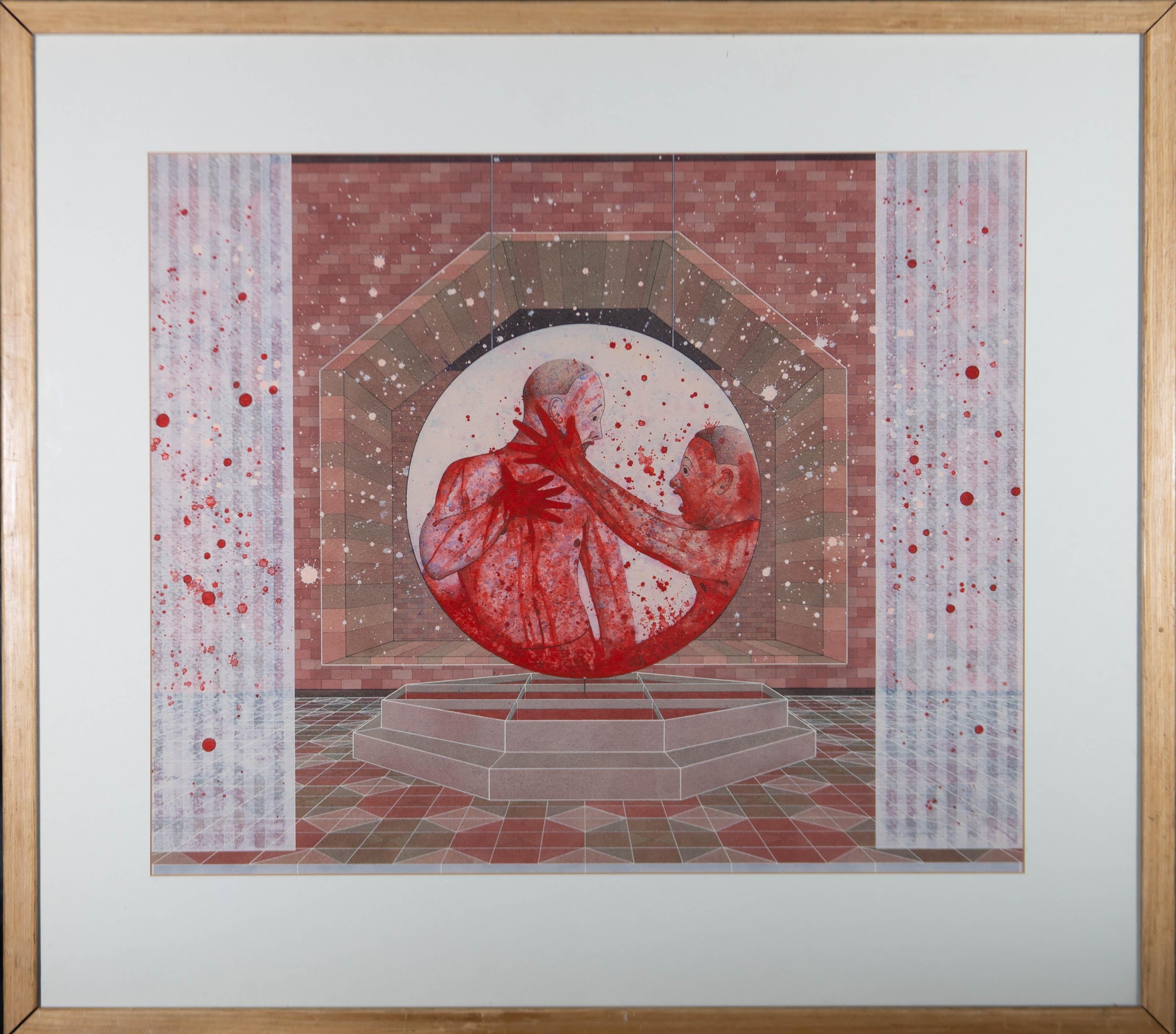 A very precise watercolour painting with gouache and graphite, depicting a surreal scene with two figures, possibly alluding to the Greek mythological story of Patroclus and Achilles. Signed and dated 'James Lewis, 1985' on the reverse of the