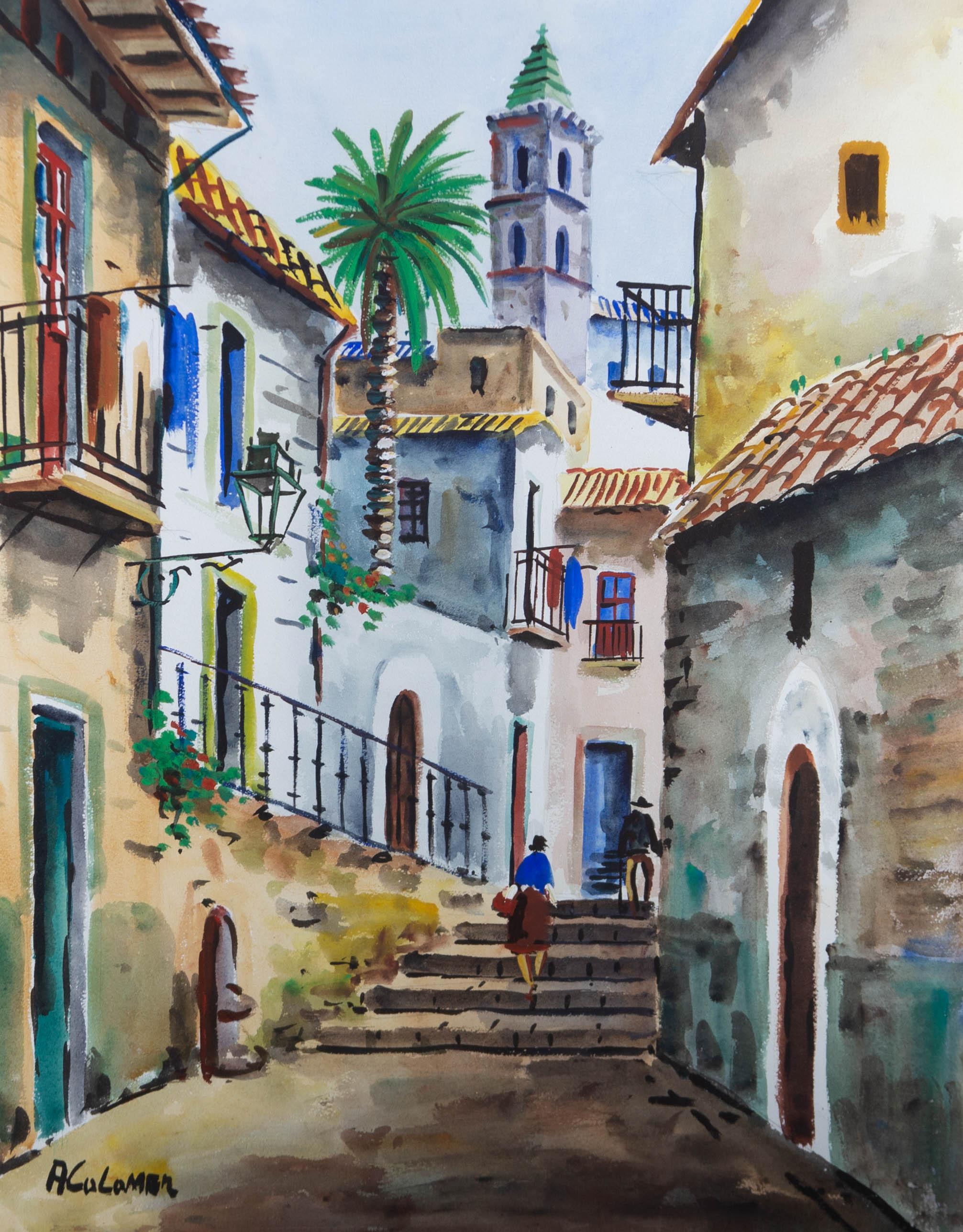 A. Colomer - 20th Century Watercolour, Vibrant Street Scene 1