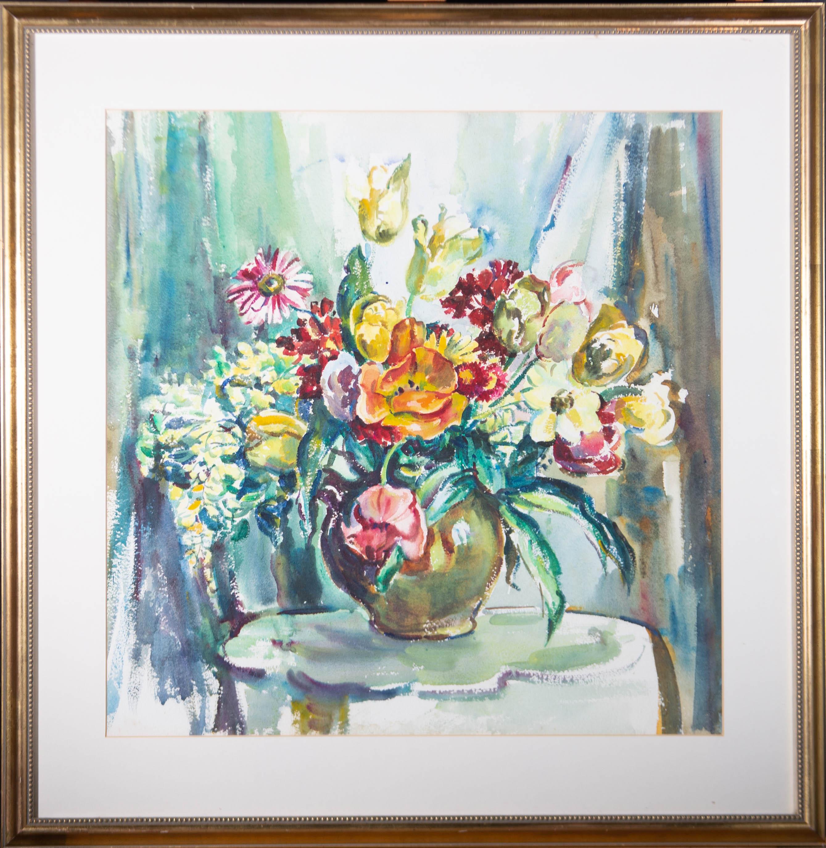 A dynamic and colorful floral still life showing a vase, overflowing with beautiful summer flowers. The painting has been presented in a contemporary gilt effect frame with cream card mount and glazing. On watercolour paper.
