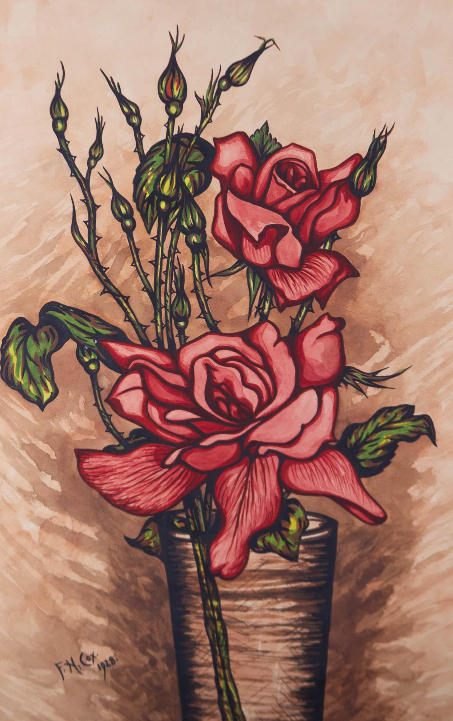 F.N. Cox - 1928 Watercolour, Red Roses in Vase 2