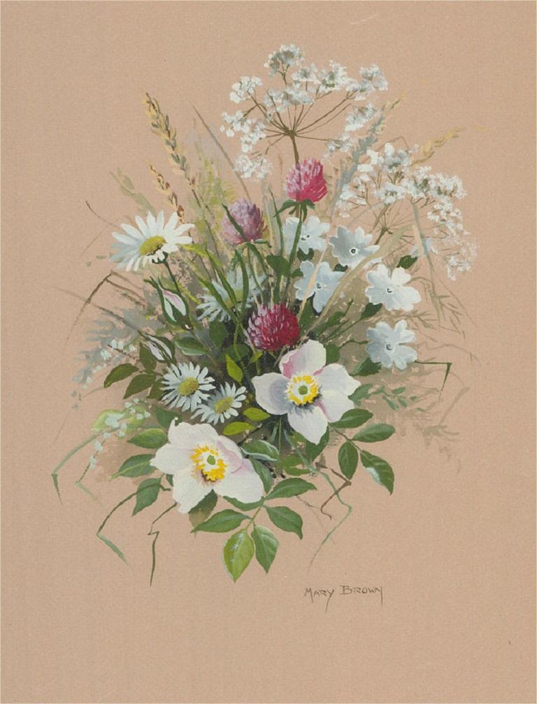 A fine and delicate gouache painting with watercolour by the artist Mary Brown, depicting a bunch of dainty flowers. Signed to the lower right-hand quadrant. Well-presented in a card mount and in an off-white frame with an inner gilt detail and