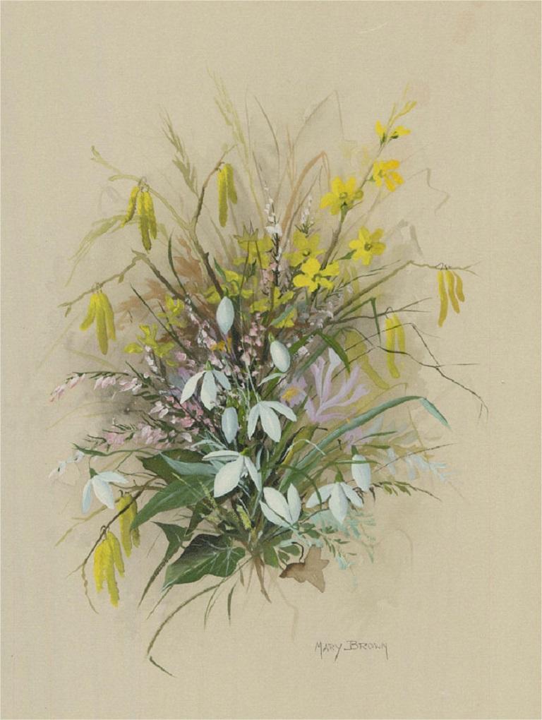 A pretty floral study showing an array of Spring flowers, including snowdrops, catkins and English ivy. The artist has signed to the lower edge and the painting has been presented in a contemporary frame with a green card mount and glare proof