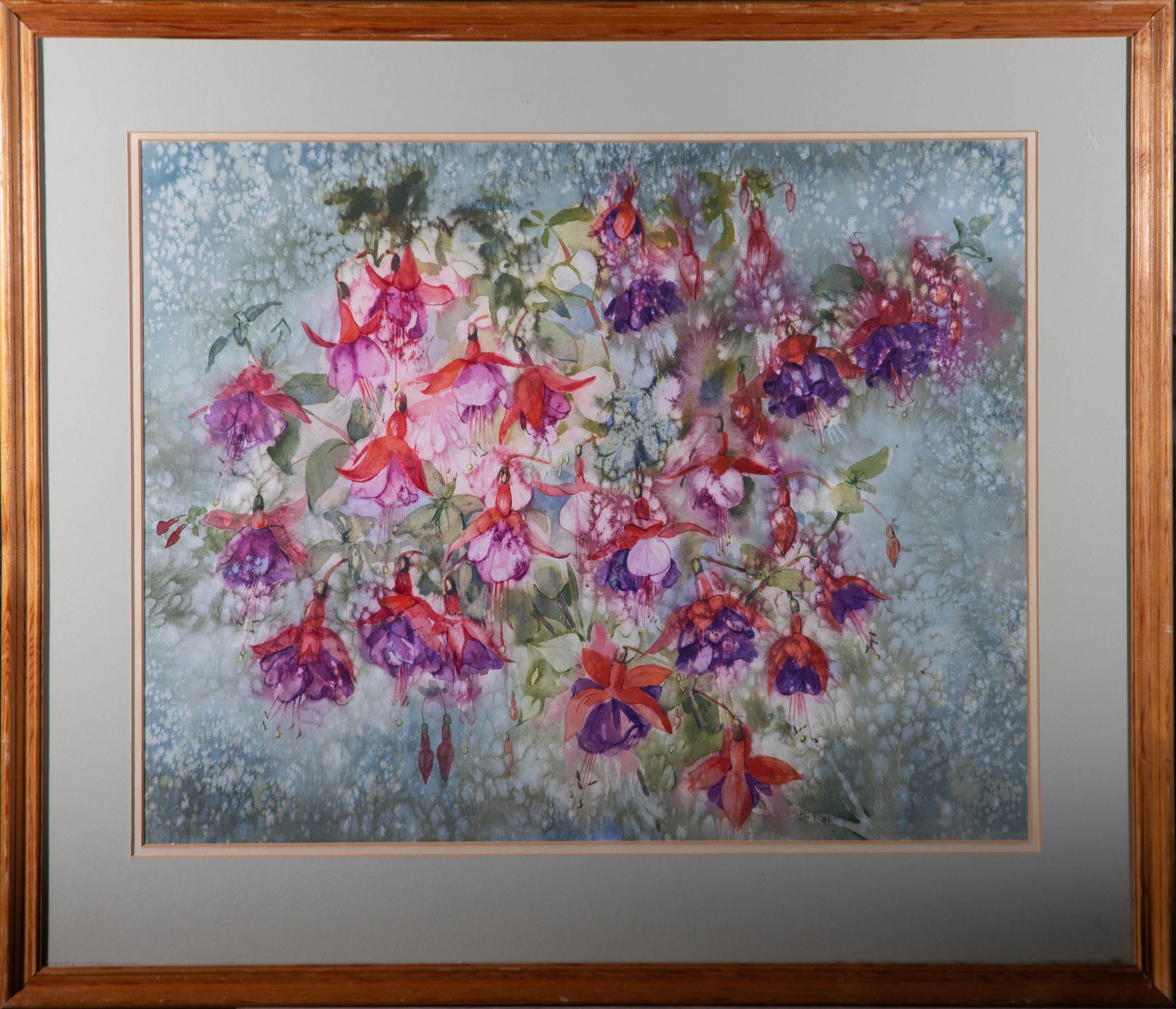 A charming watercolour painting by the British artist Patricia Howells, depicting a vibrant floral composition. Signed and dated to the lower right-hand corner. The artist's name is inscribed on the revere. There is a 'Workshop Gallery' exhibition