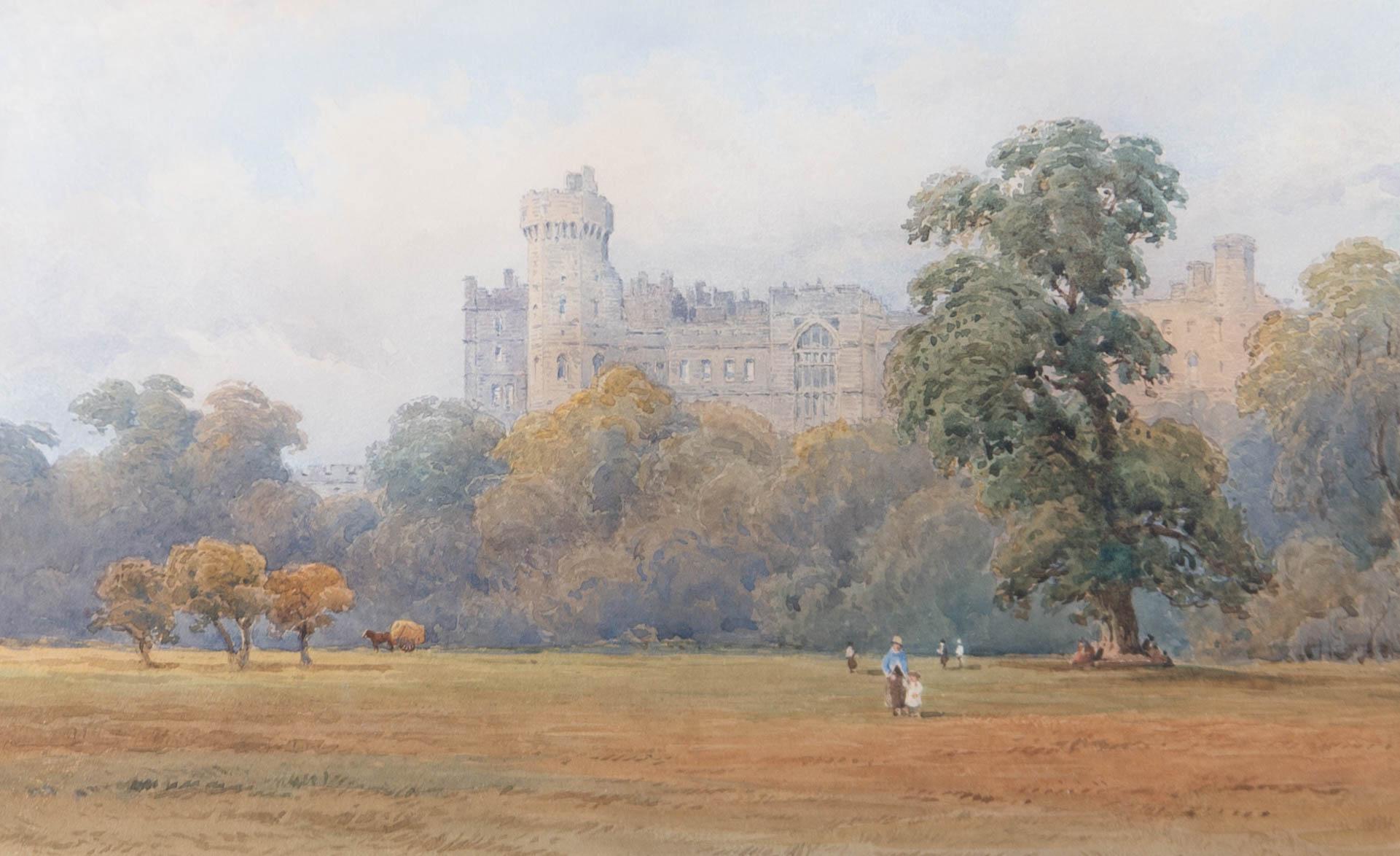 A finely rendered view of Windsor castle from the meadow by the old South Western station. The artist has signed and dated to the lower right corner and inscribed in the lower left. The painting has been presented in an early 20th Century gilt frame