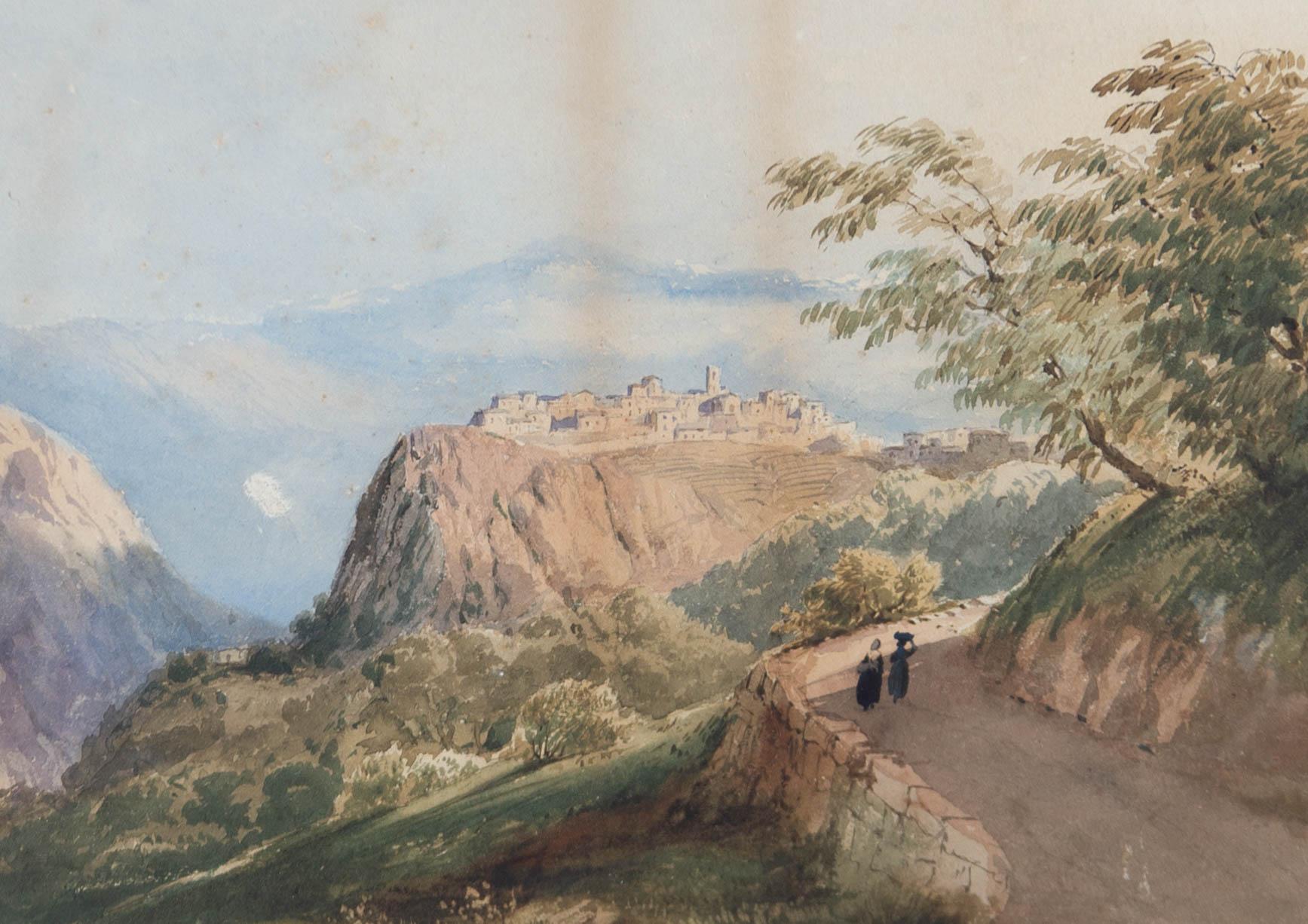19th Century Watercolour - Italian Hilltop Town - Gray Landscape Art by Unknown