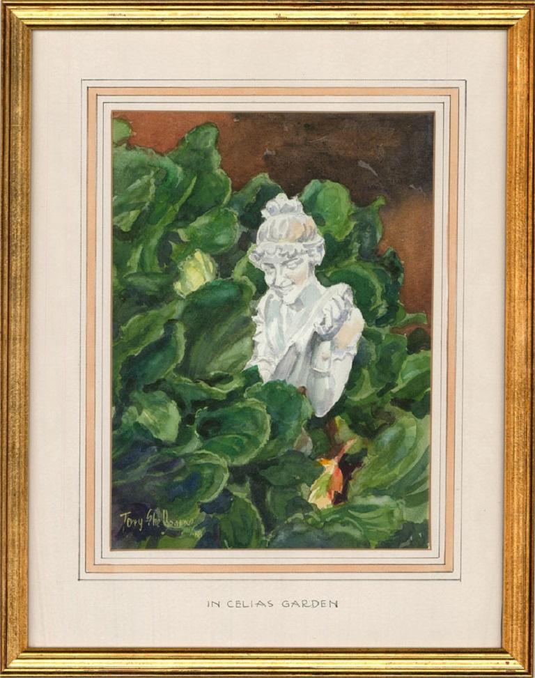 A charming watercolour painting by the artist Terry Shelbourne, depicting a garden scene, entitled 'In Celia's Garden'. Signed and dated to the lower left-hand corner. The inscription on the reverse reads: 'For my beloved wife Celia, August 2015.