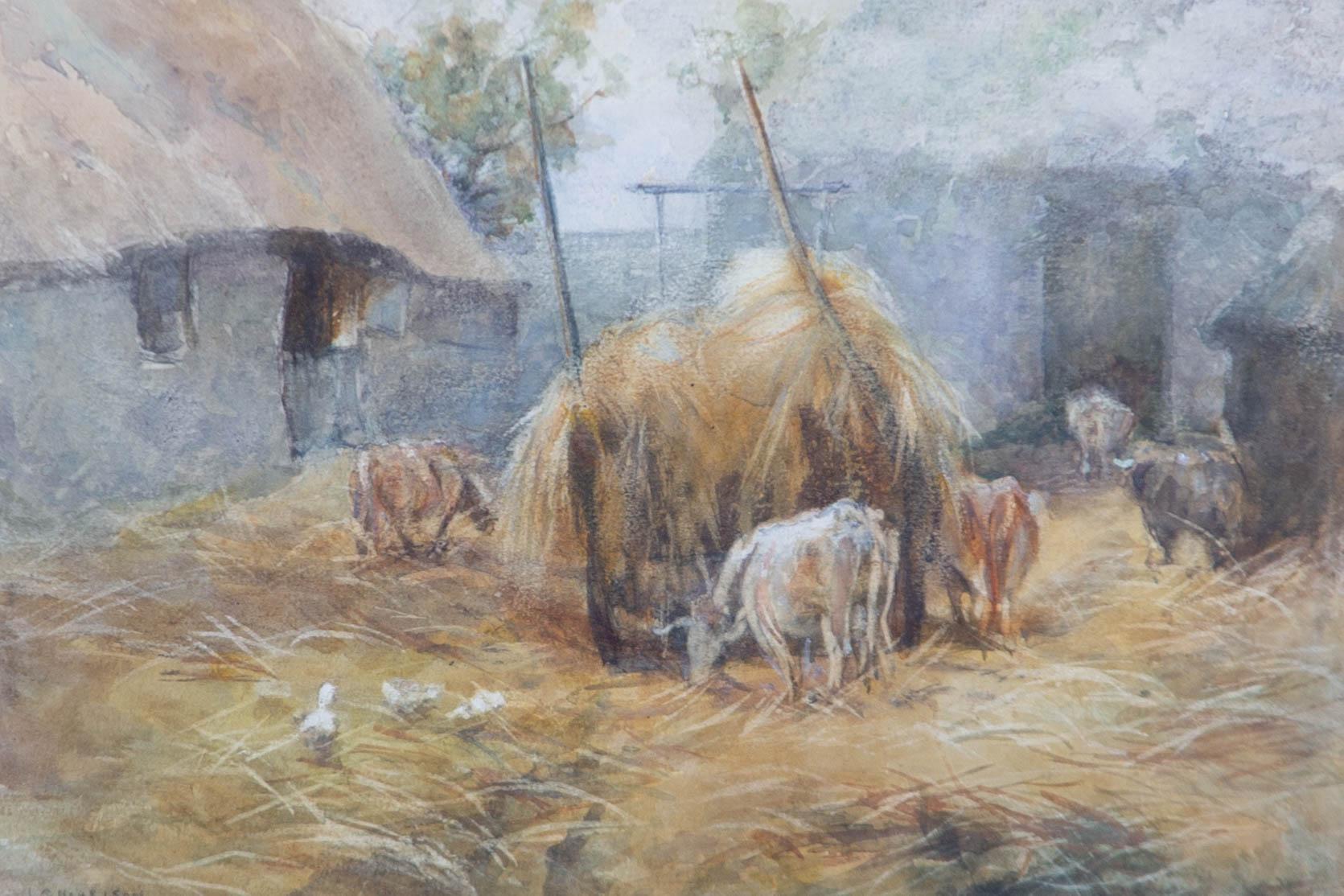 A pastoral scene of cattle grazing on hay in a farmyard. Presented glazed in a cream slip and a substantial ornate frame with leaf and berry detailing to the outer edge. Signed and dated to the lower-left edge. On watercolour paper.
