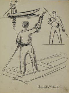 Hommes Pagayant, Work on paper by Paulémile Pissarro - Drawing