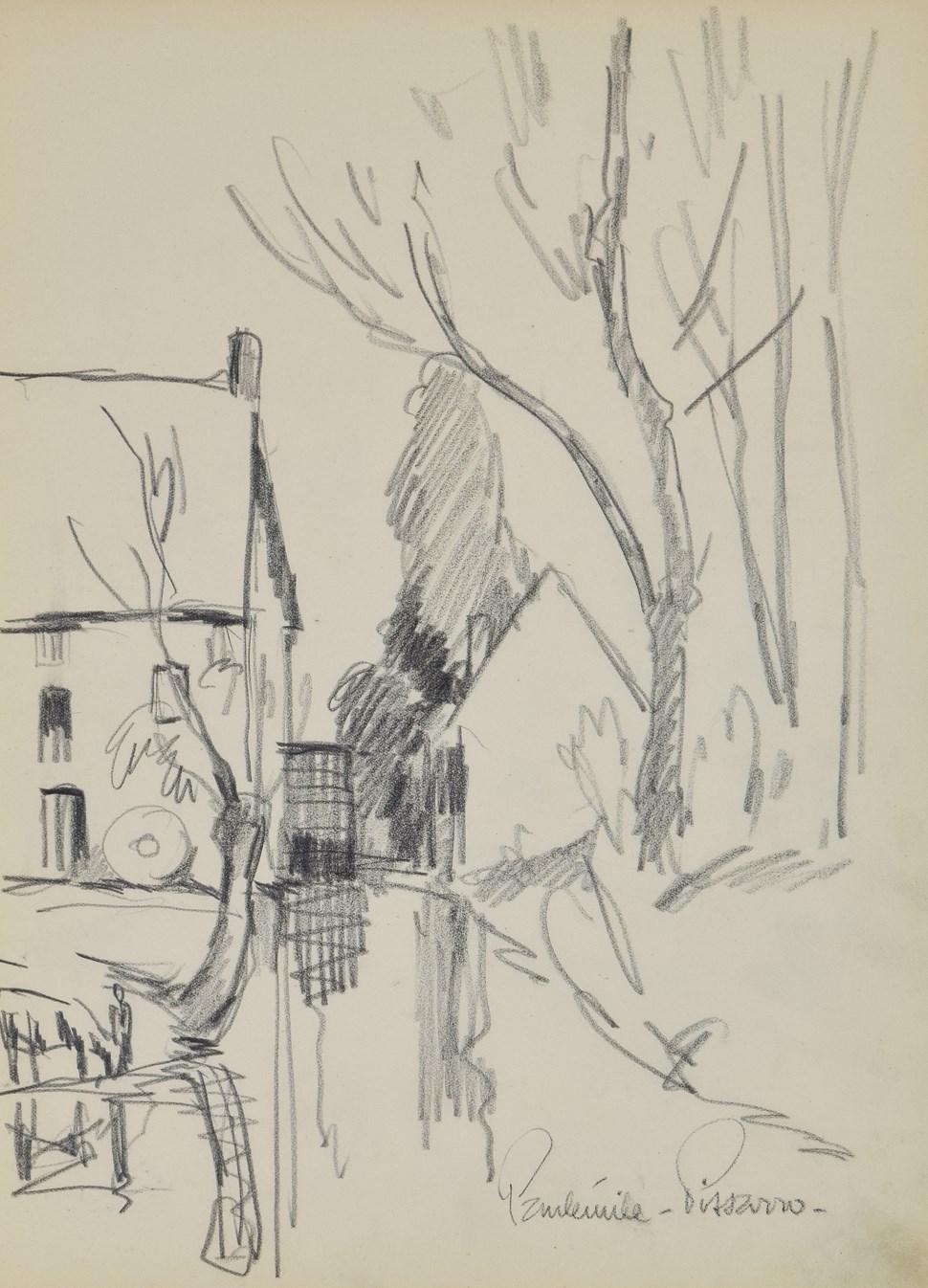 Village au bord de l'Eau, Graphit auf Papier von Paulmile Pissarro, 1934 – Art von Paulémile Pissarro