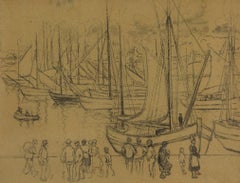 Port Scene in Brittany, Charcoal on Board by Georges Manzana Pissarro