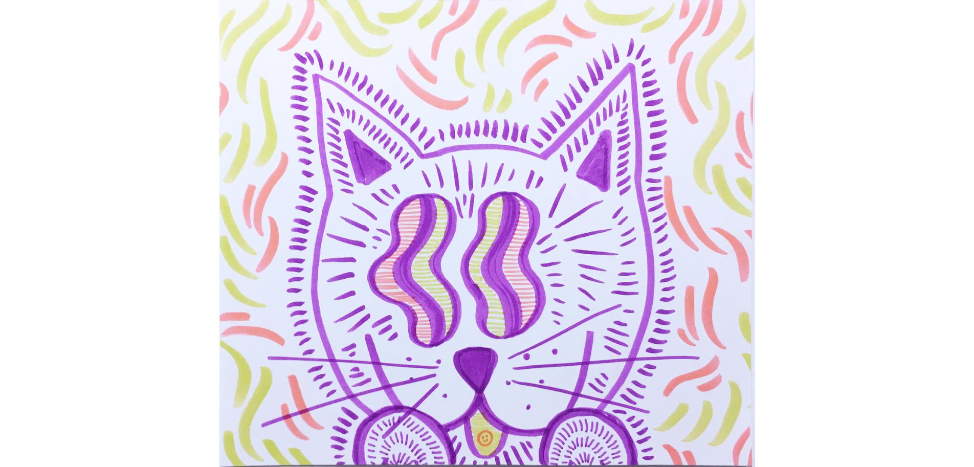 Bonus Kitty, Watercolor Paper Drawing, Pop Art, Cat with Graphic Wavy Pattern - Gray Figurative Art by SarahGrace