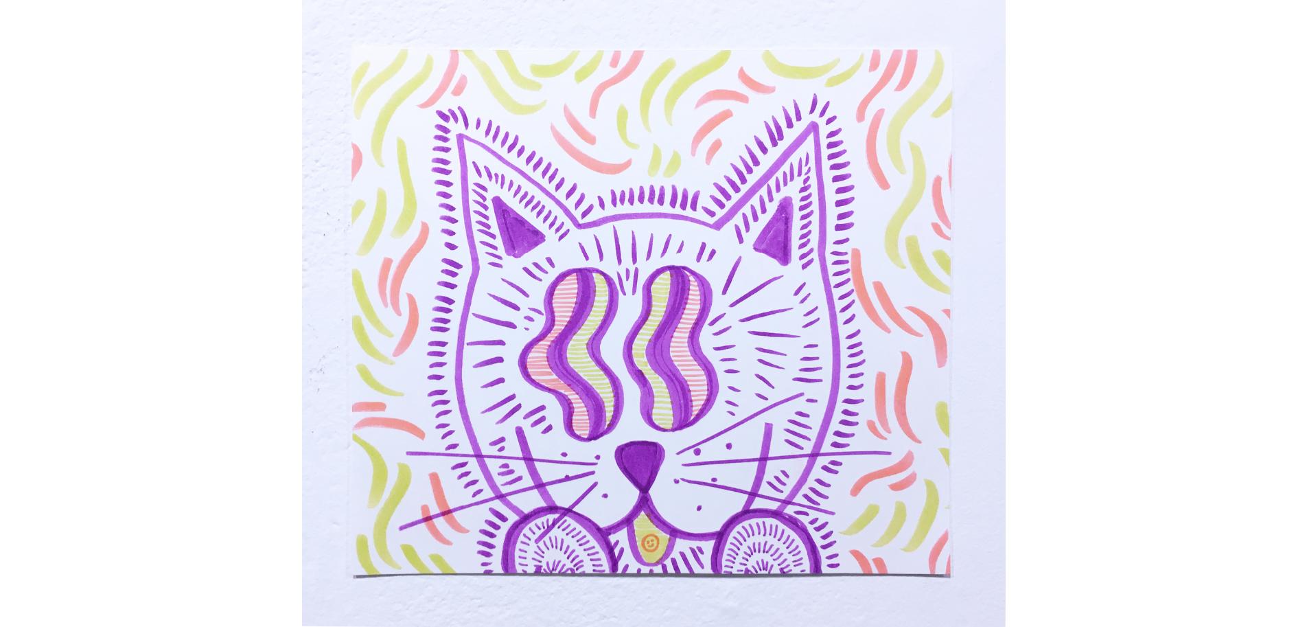 Bonus Kitty, Watercolor Paper Drawing, Pop Art, Cat with Graphic Wavy Pattern For Sale 4