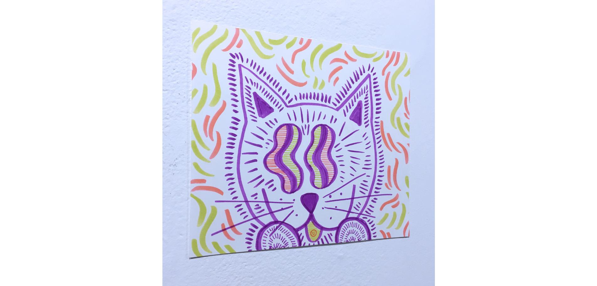 Bonus Kitty, Watercolor Paper Drawing, Pop Art, Cat with Graphic Wavy Pattern For Sale 5